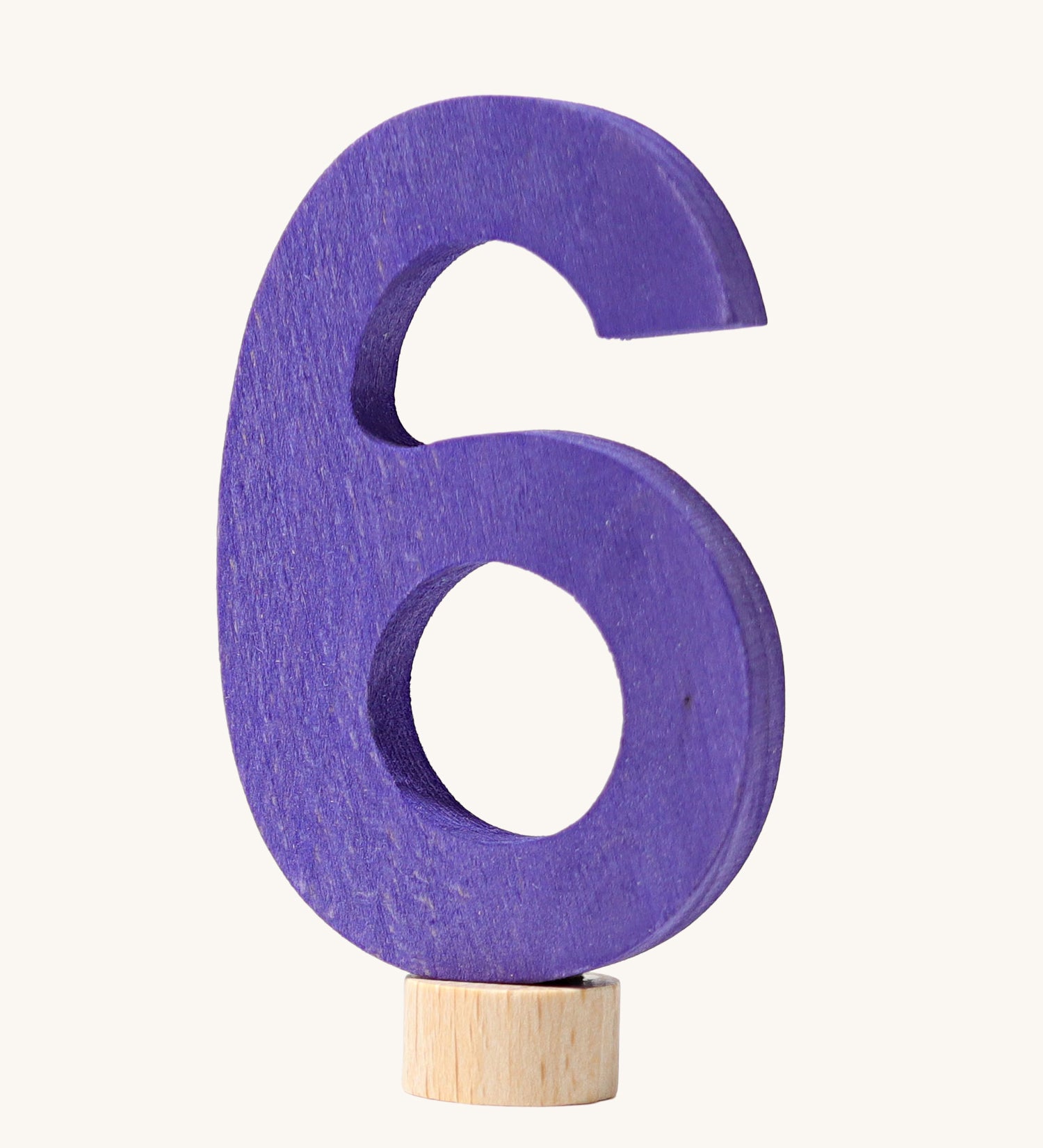 A purple coloured number six Grimm's Decorative Number figure to fit a Grimm's celebration ring. These numbers are part of a large range of decorative figures available here at Babipur. 
