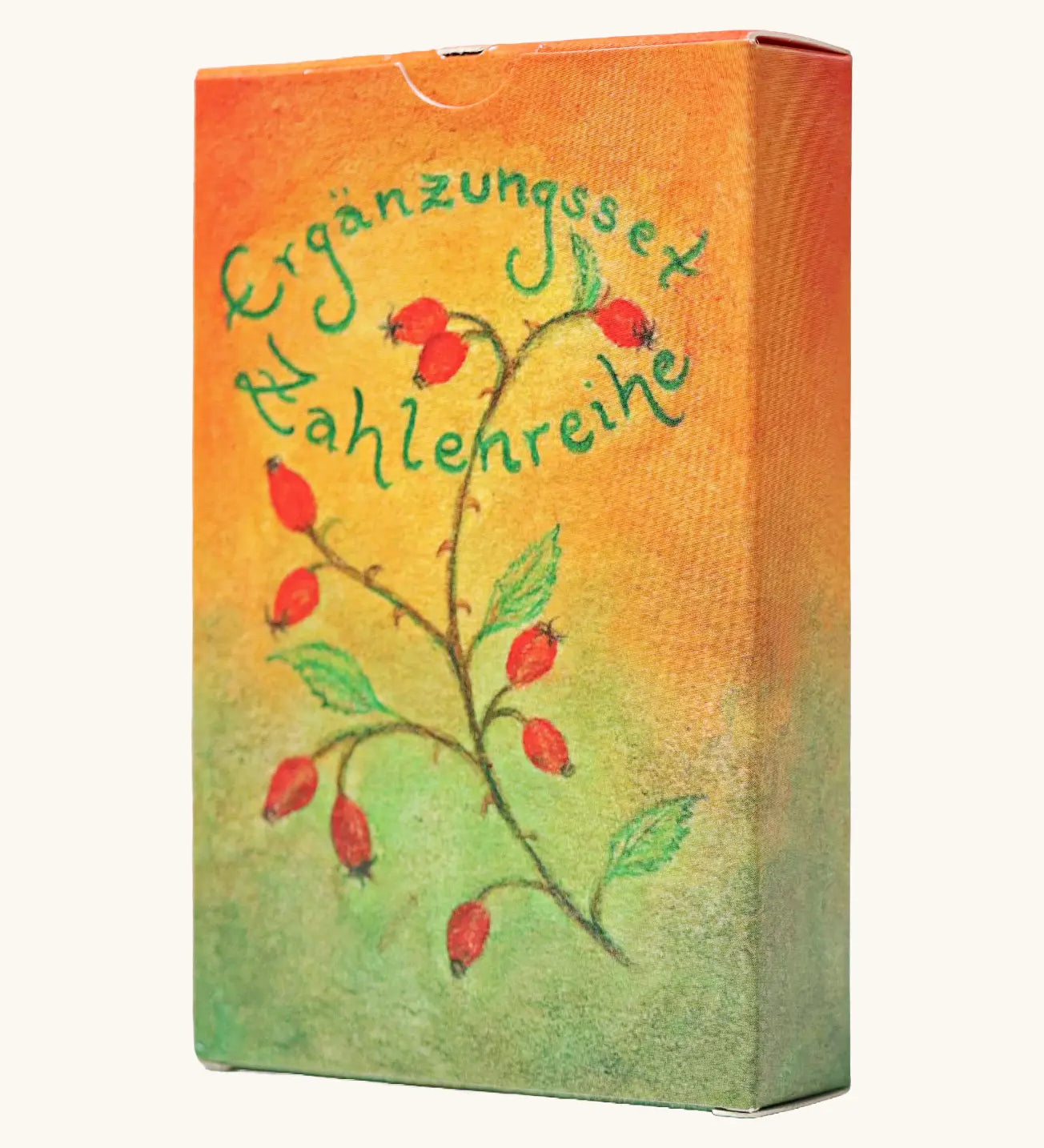 Grimms number supplementary card set for learning about numbers and maths. Showing a warm orange yellow packaging with illustration of strawberries