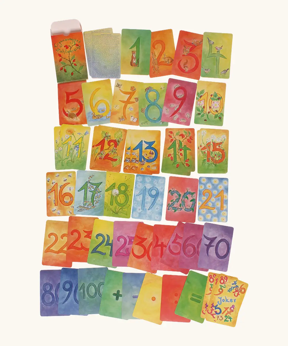 Cards from the Grimms number supplementary set showing each card showing a corresponding number of illustrated flowers and animals