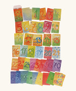 Cards from the Grimms number supplementary set showing each card showing a corresponding number of illustrated flowers and animals