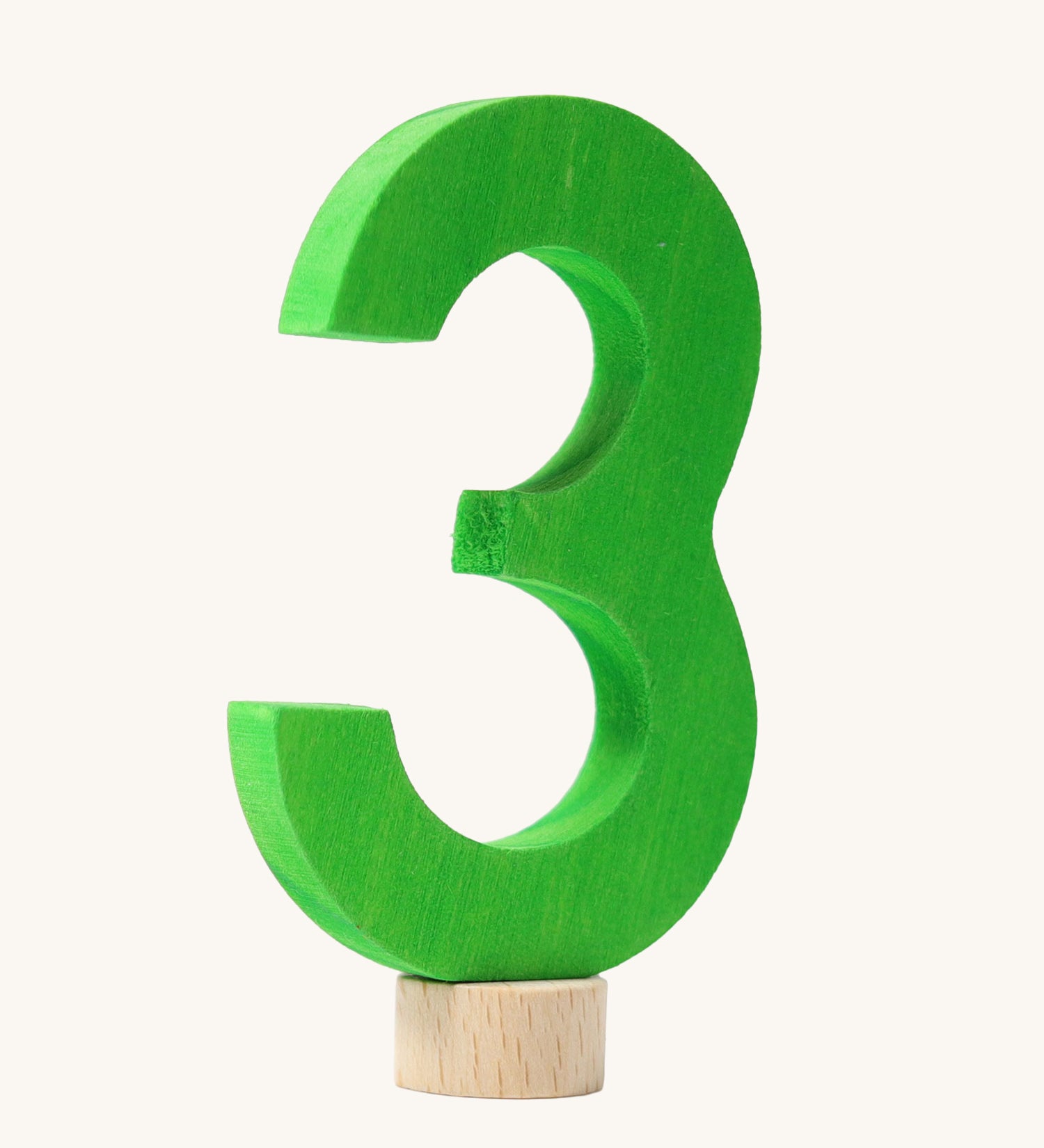 A green coloured number three Grimm's Decorative Number figure to fit a Grimm's celebration ring. These numbers are part of a large range of decorative figures available here at Babipur. 