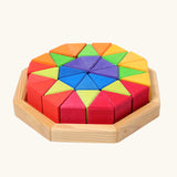 Grimm's octagon puzzle. 32 piece chunky triangle blocks in a wooden storage display tray.