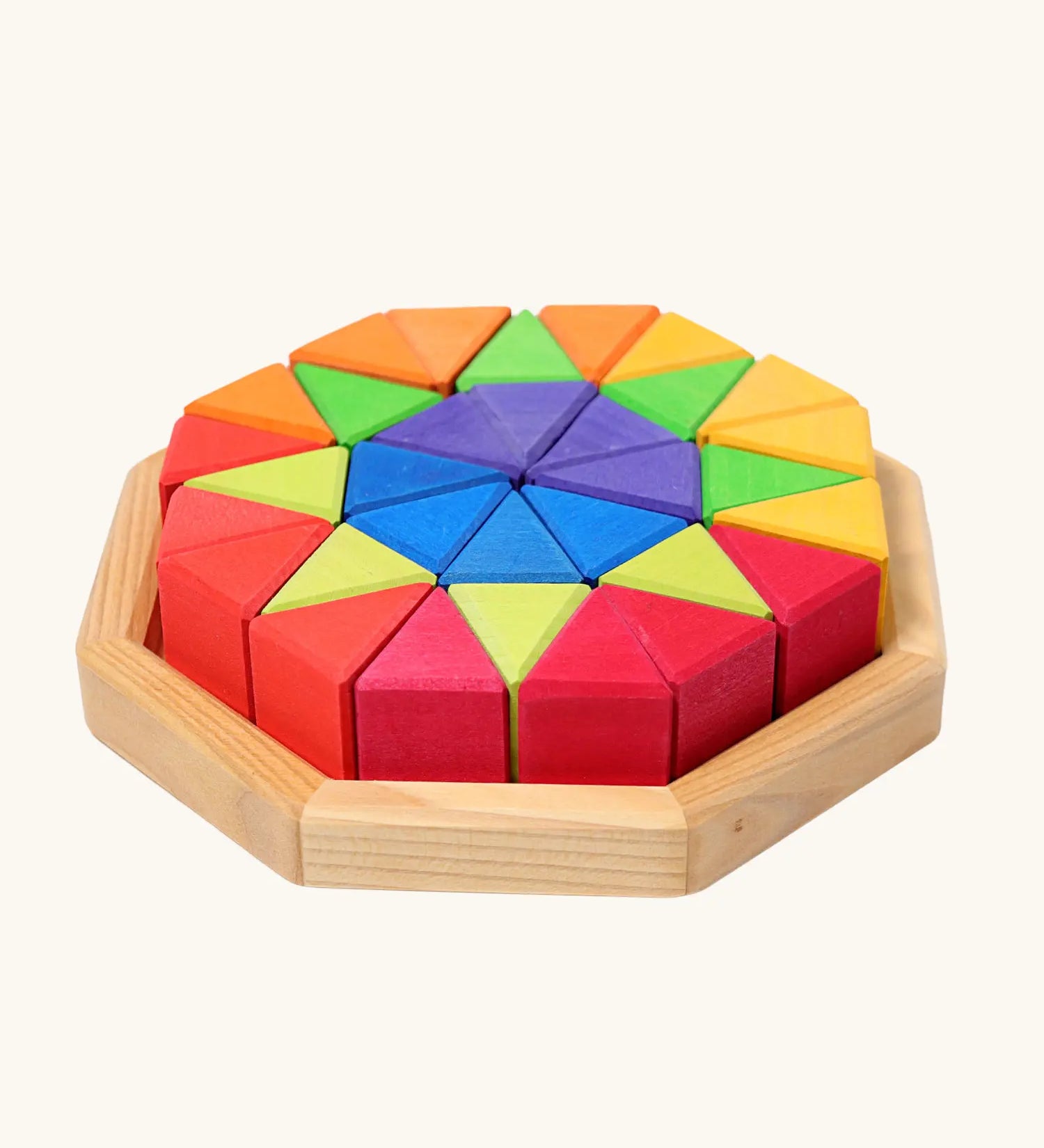 Grimm's octagon puzzle. 32 piece chunky triangle blocks in a wooden storage display tray.