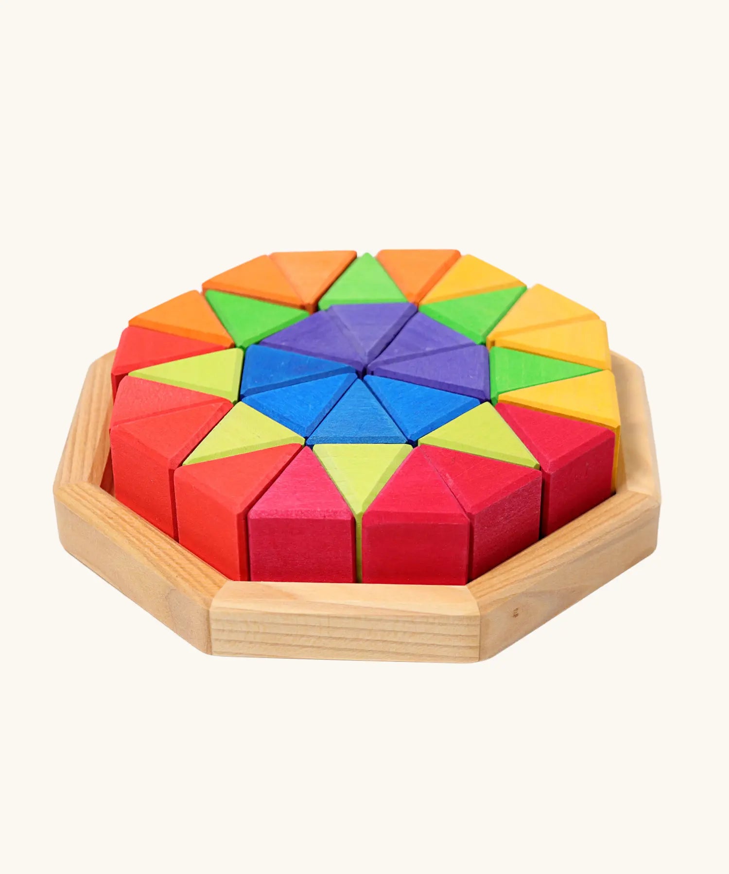 Grimm's octagon puzzle. 32 piece chunky triangle blocks in a wooden storage display tray.