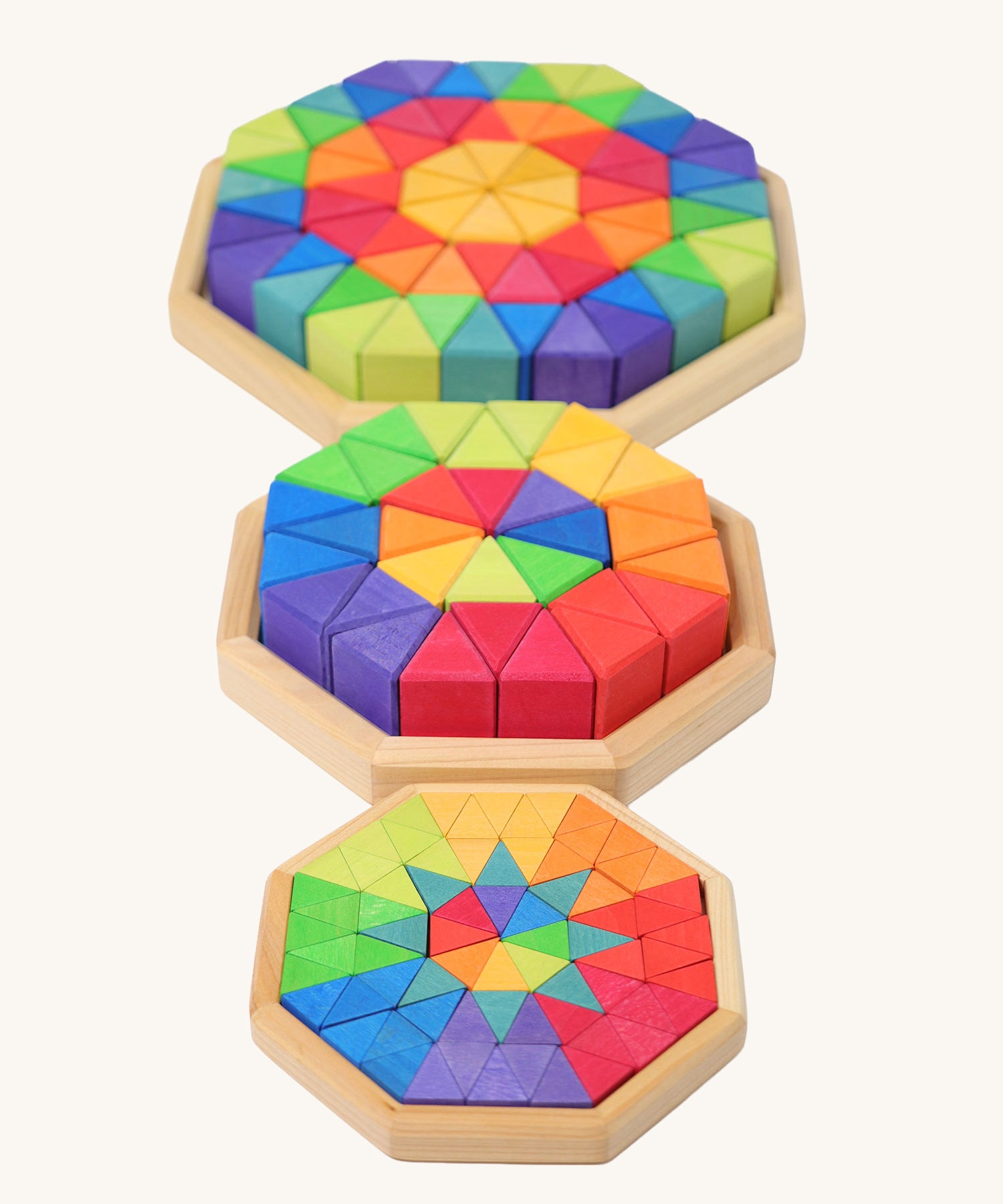 The Grimm's large, medium and small Octagon Puzzles shown next to each other for scale. 
