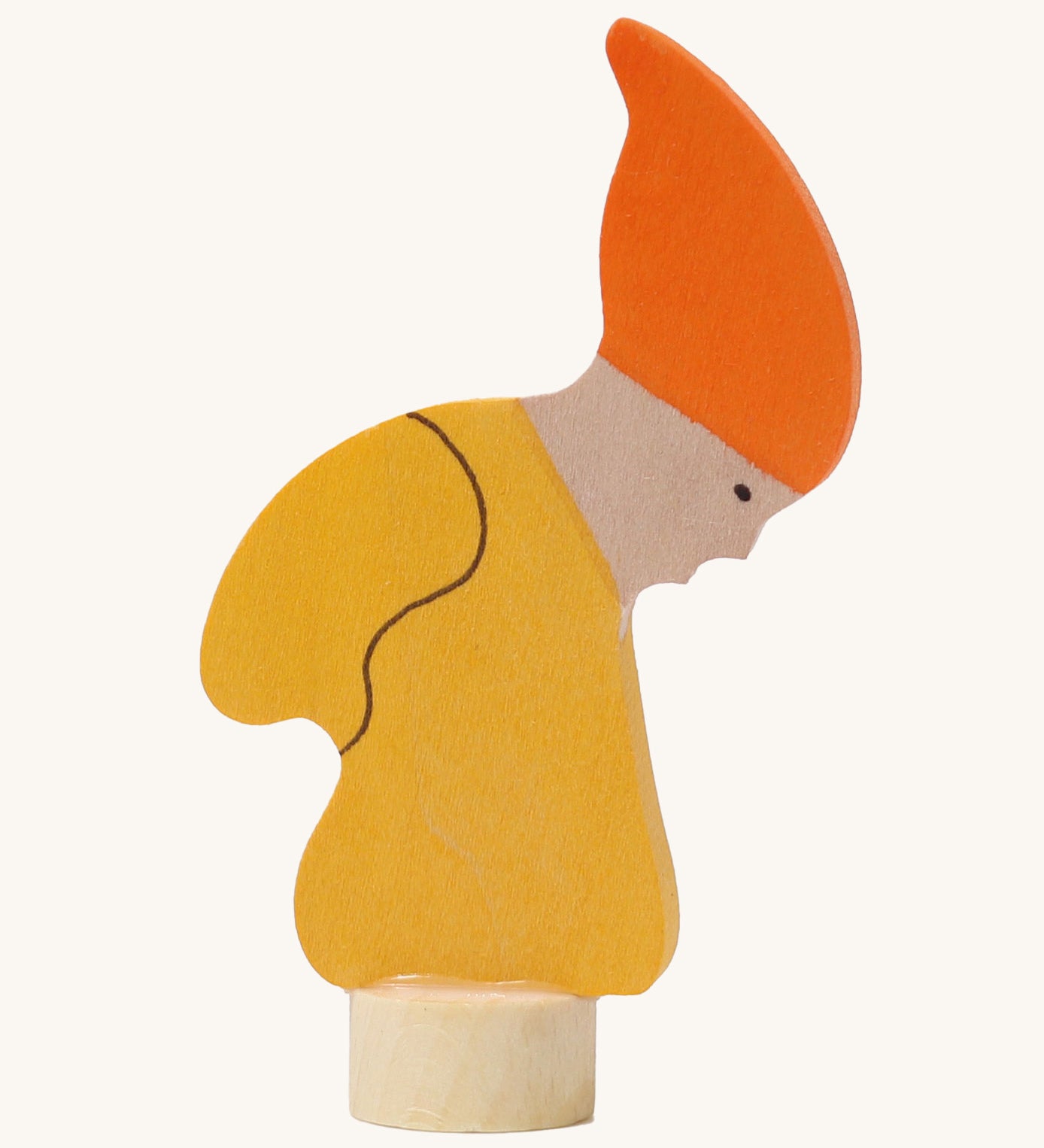 Grimms dwarf wooden decorative figure in orange and yellow with a small base on the bottom to slot into the celebration ring