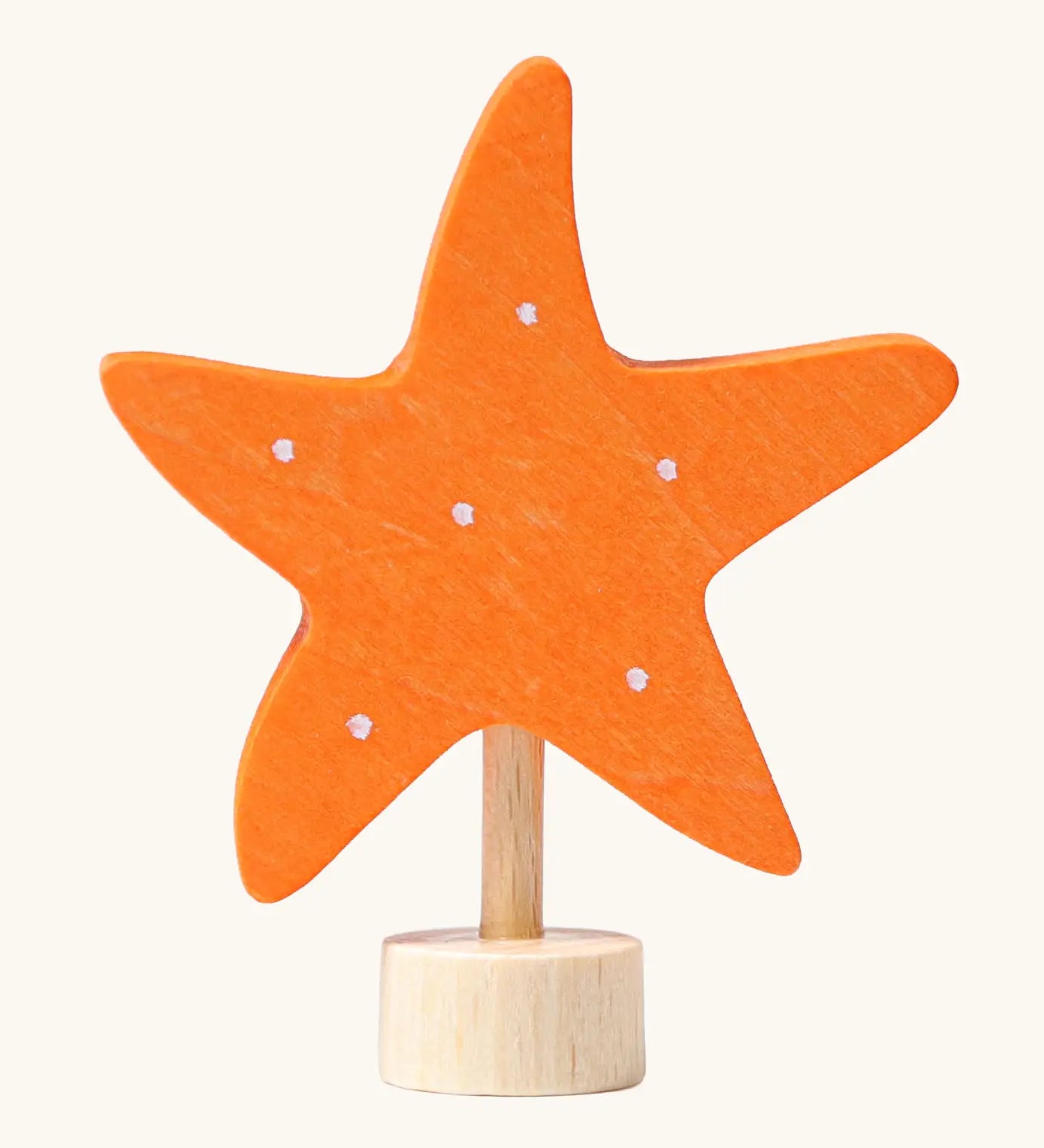 Grimm's handcrafted wooden orange starfish decorative figure with a unpainted stand