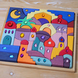 Grimm's orient sparkling building set wooden toy in it's wooden display storage tray.