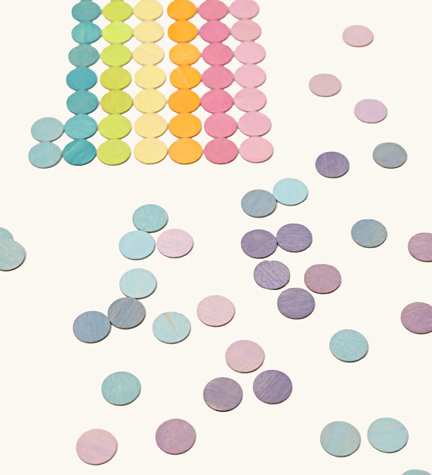 Grimms handcrafted wooden confetti dots in a pastel palette. Made for decoration and mandala flatlays