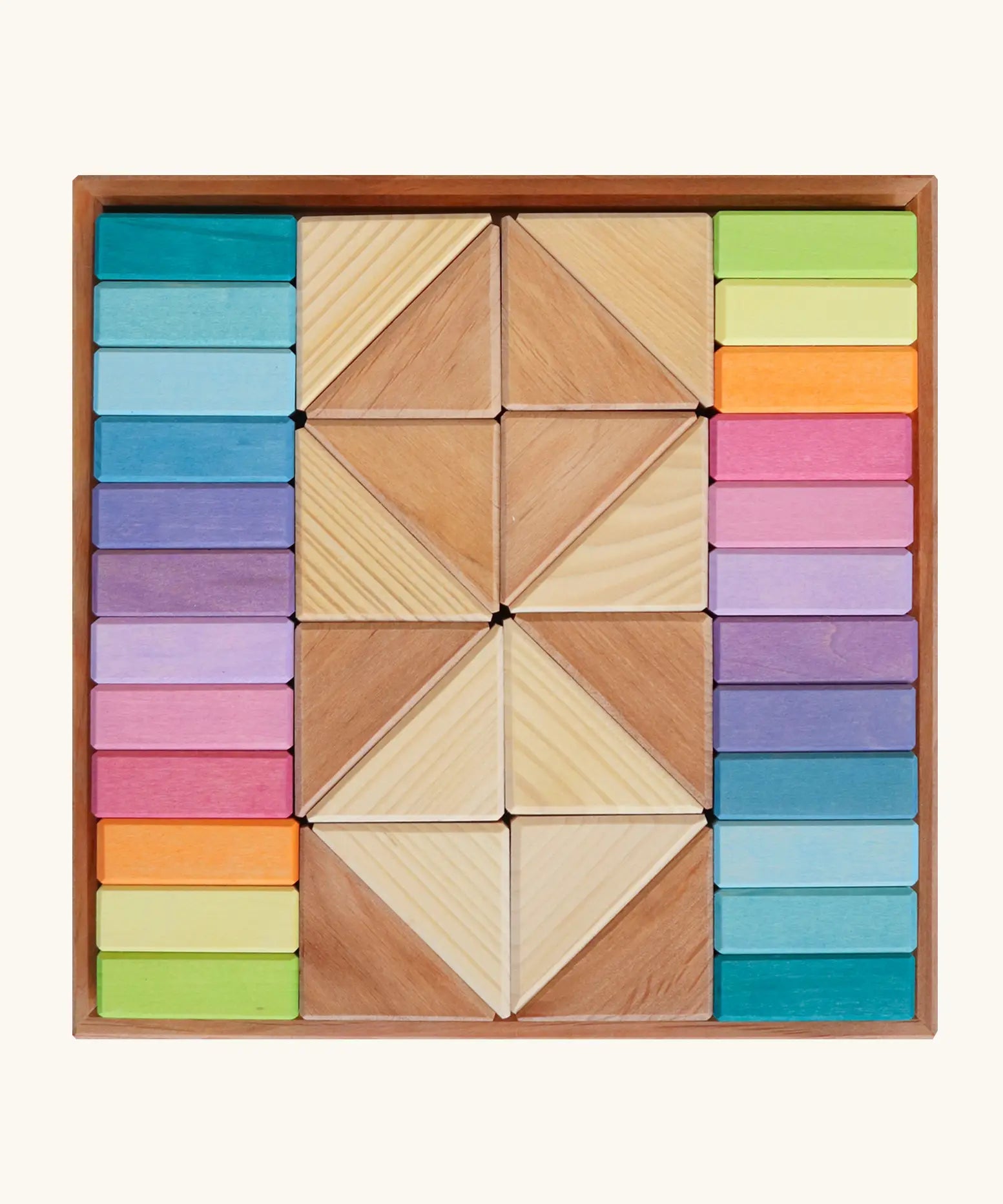 Grimms pastel duo set. A 40 wooden block set in pastels and natural colours.  Comes with a frame