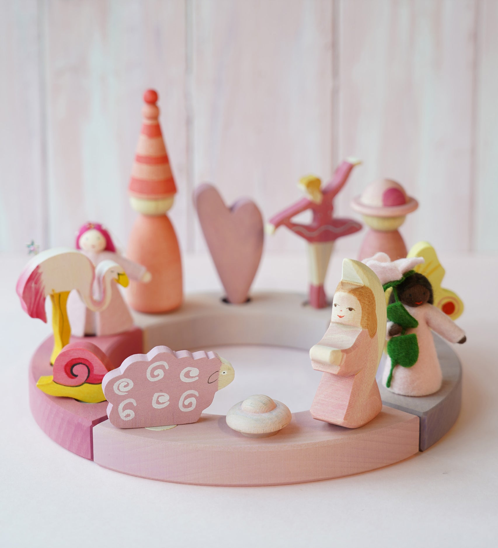 A pretty pink display using the Grimm's Celebration Ring, various decorative figures, Ostheimer and Grapat figures and Ambrosius dolls available at Babipur.