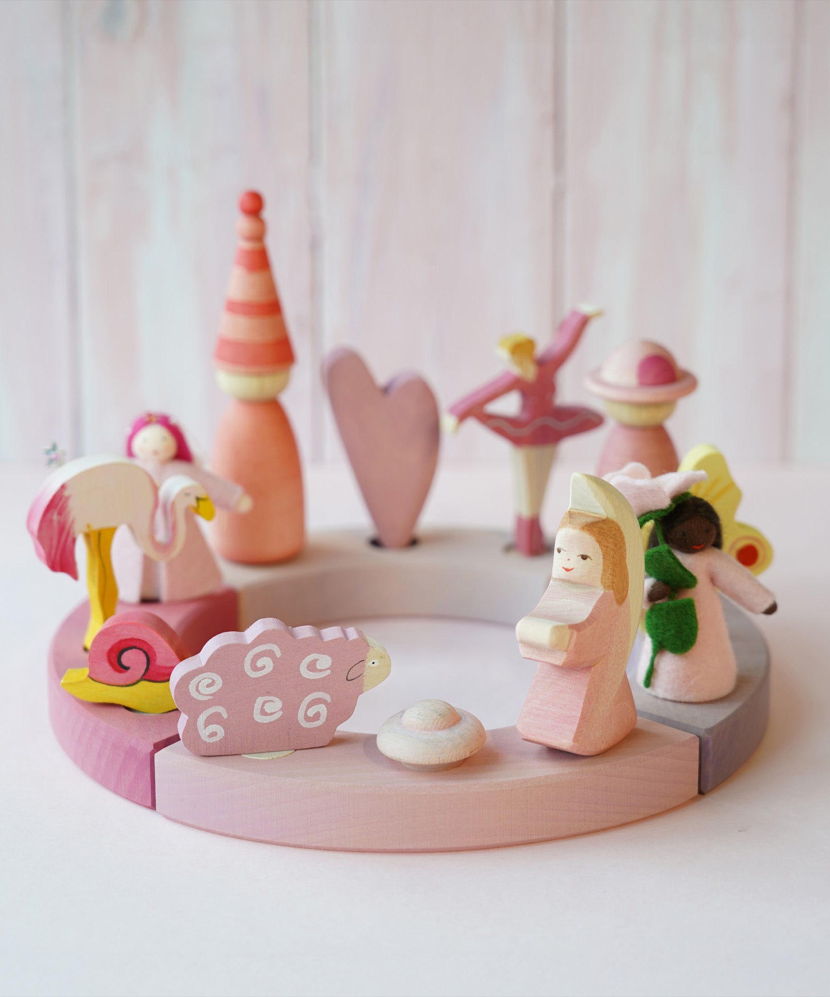 A pretty pink display using the Grimm's Celebration Ring, various decorative figures, Ostheimer and Grapat figures and Ambrosius dolls available at Babipur.