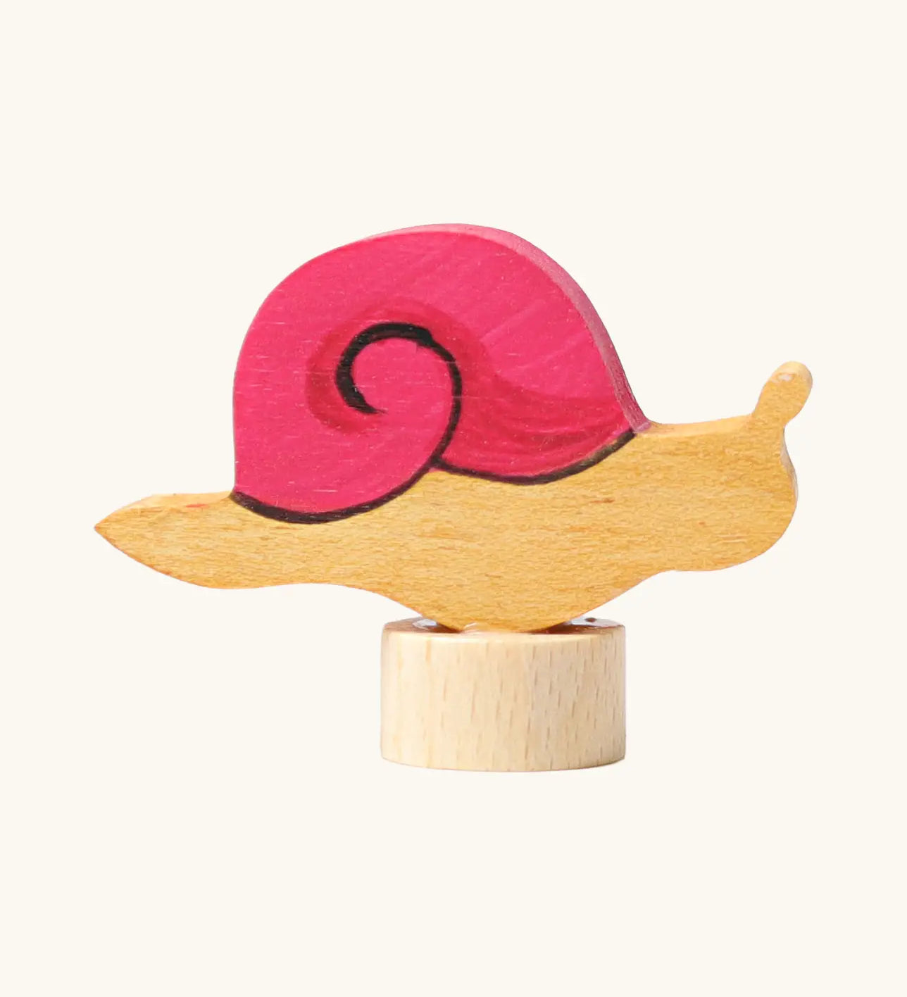 Side of the Grimms handcrafted wooden snail with pink shell decorative figure for the celebration ring or spiral