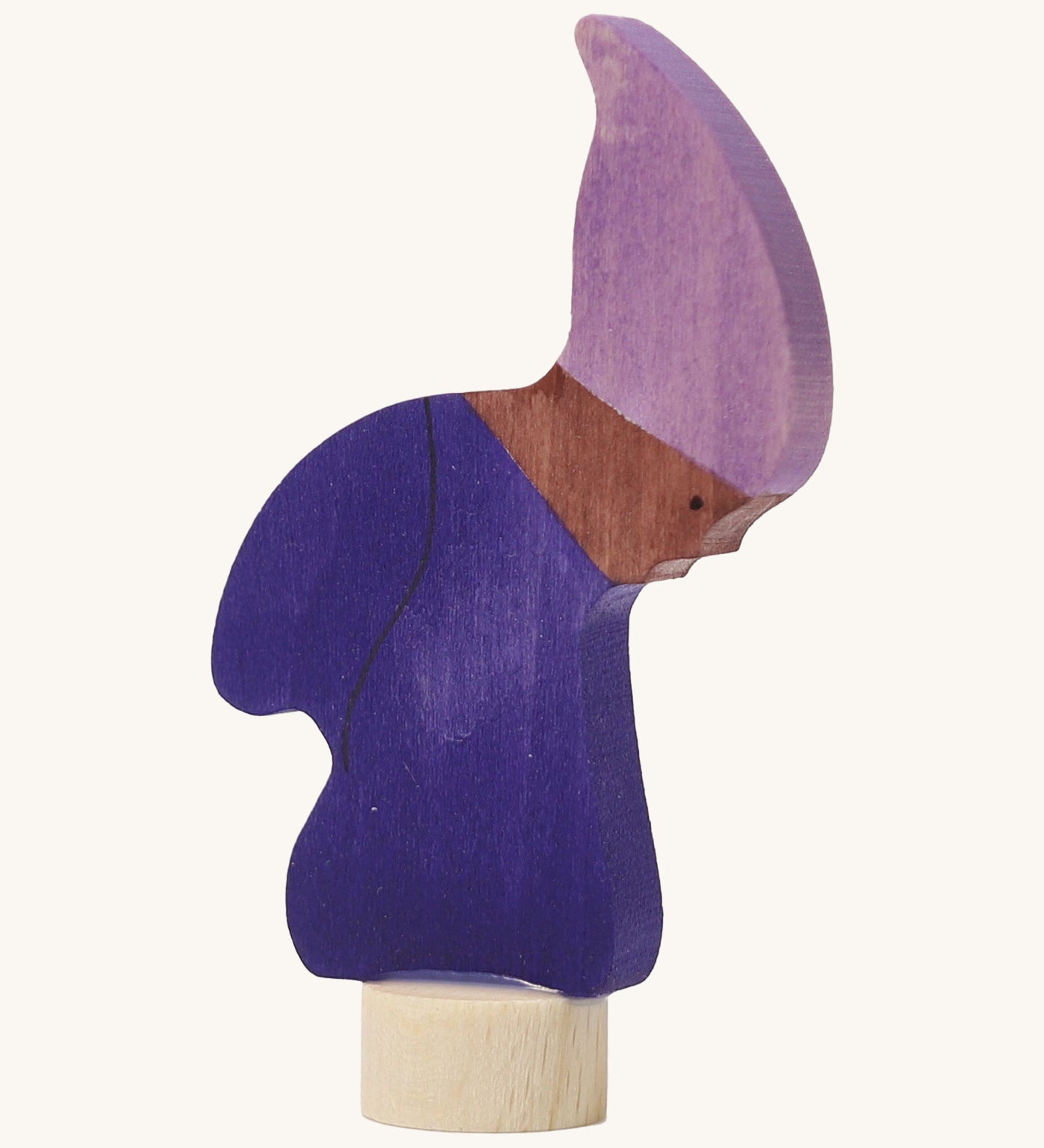A Grimms wooden gnome decorative figure in purple. Features a small base stand to slot in the celebration ring