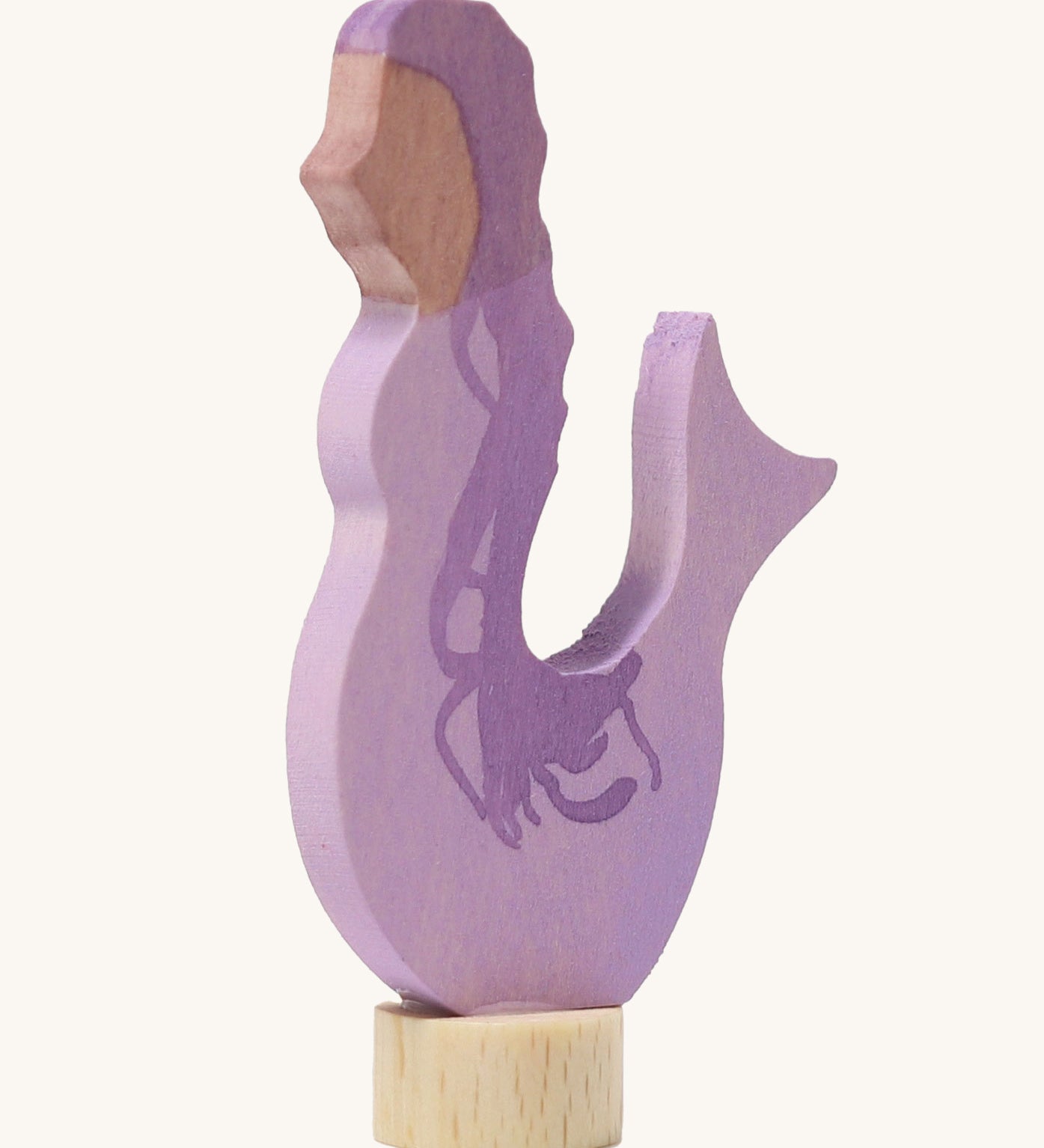 A Grimms wooden mermaid decorative figure in purple. Features a small base stand to slot in the decorative ring