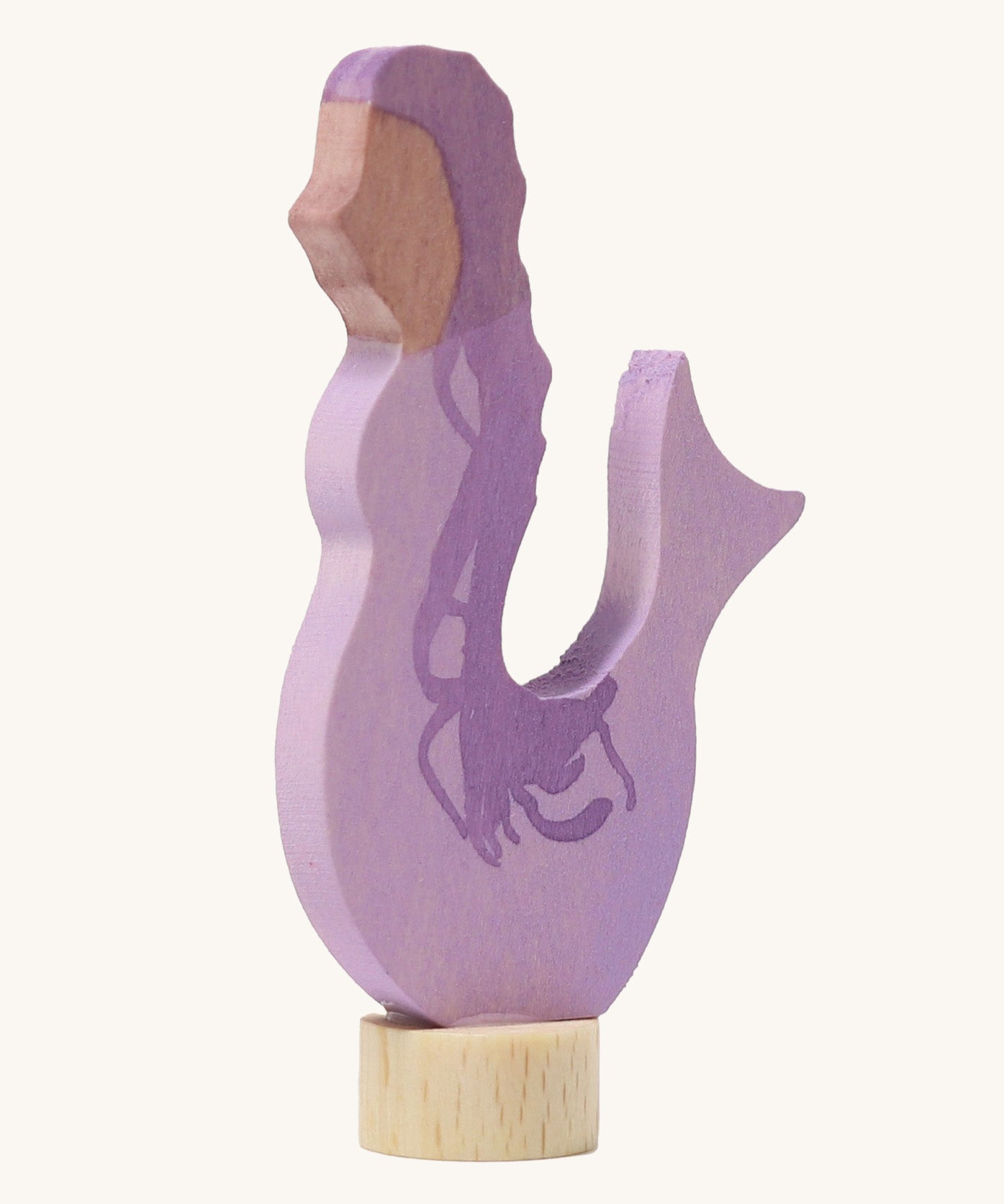 A Grimms wooden mermaid decorative figure in purple. Features a small base stand to slot in the decorative ring