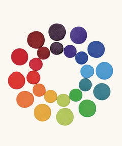 Grimm's wooden coins in a rainbow palette. Perfect for learning and counting games