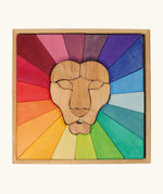 Grimm's rainbow lion wooden building blocks set in a wooden storage display tray.