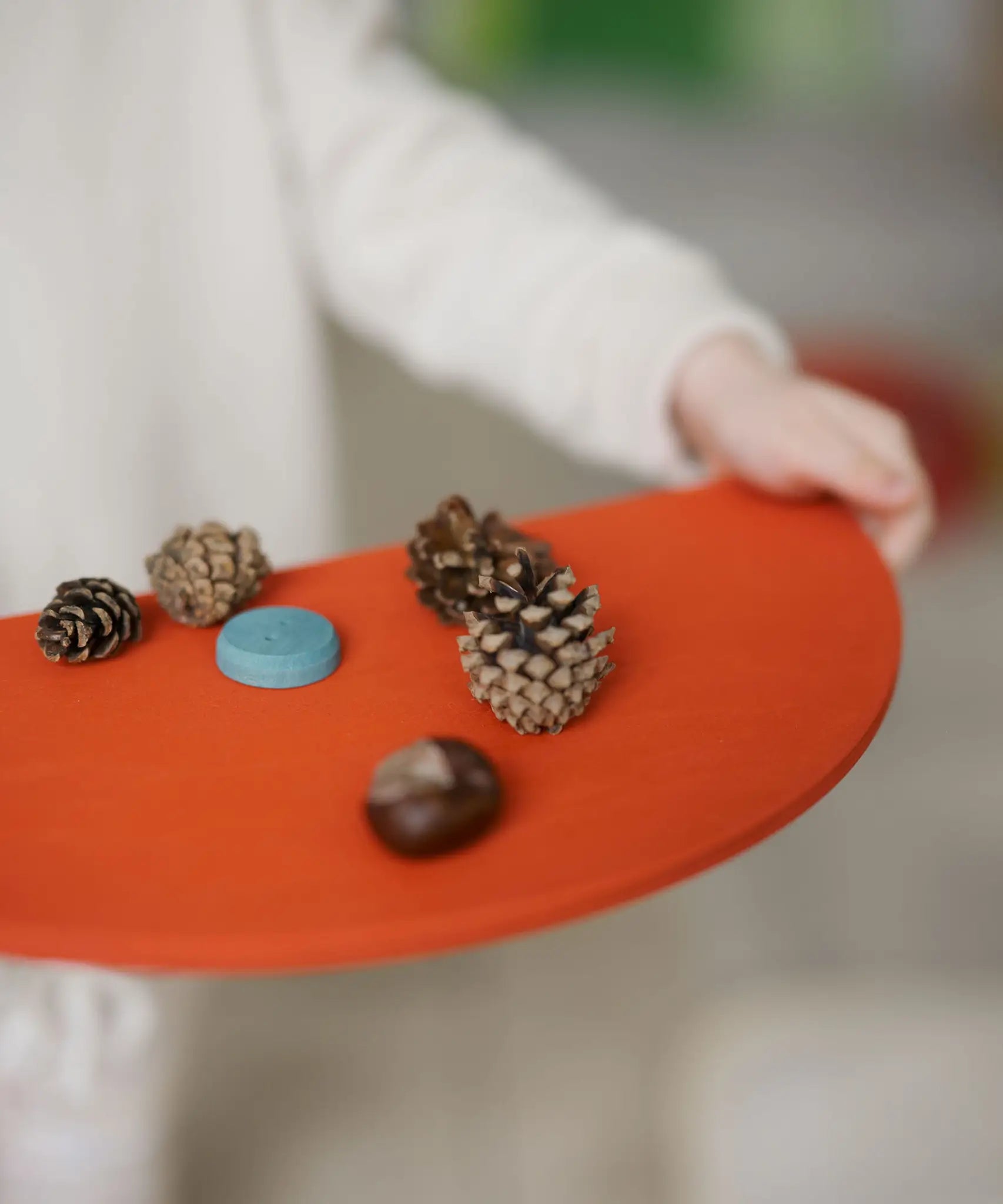 Child holing a Grimms wooden red semi circle piece with acorns and pine cones on top
