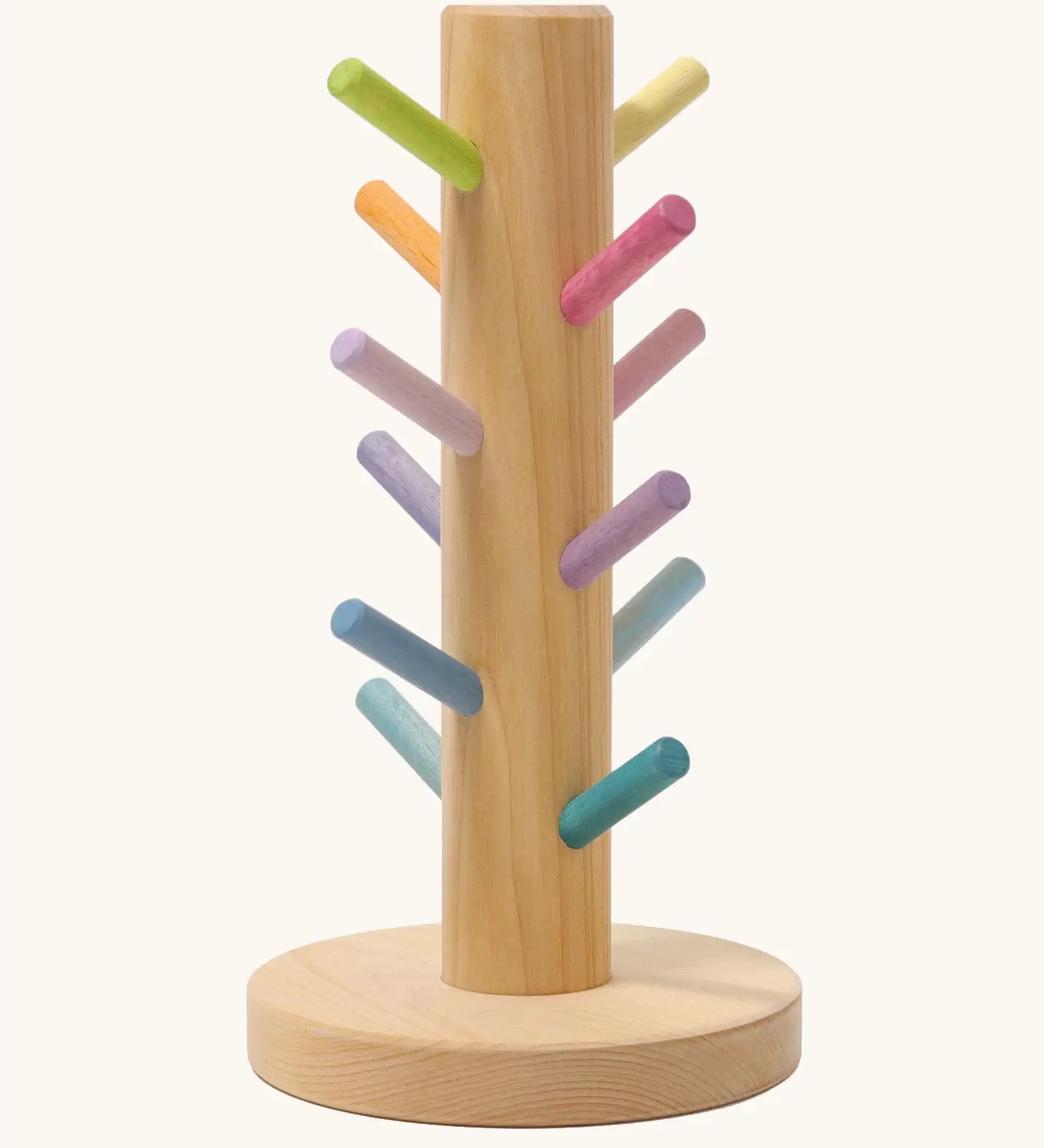 Grimms wooden sorting helper for rings with pastel dowels and a round natural base