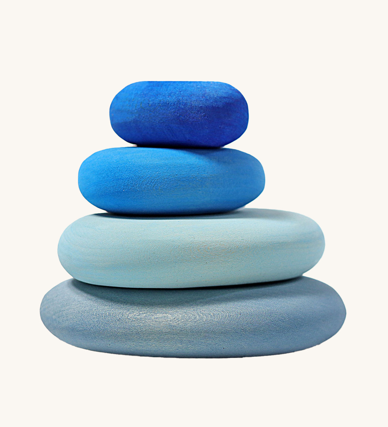 A set of 4 Grimm's wooden pebbles in a blue river colourway. 