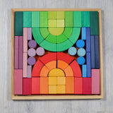 Grimm's large Romanesque wooden building block set in a wooden storage display tray.