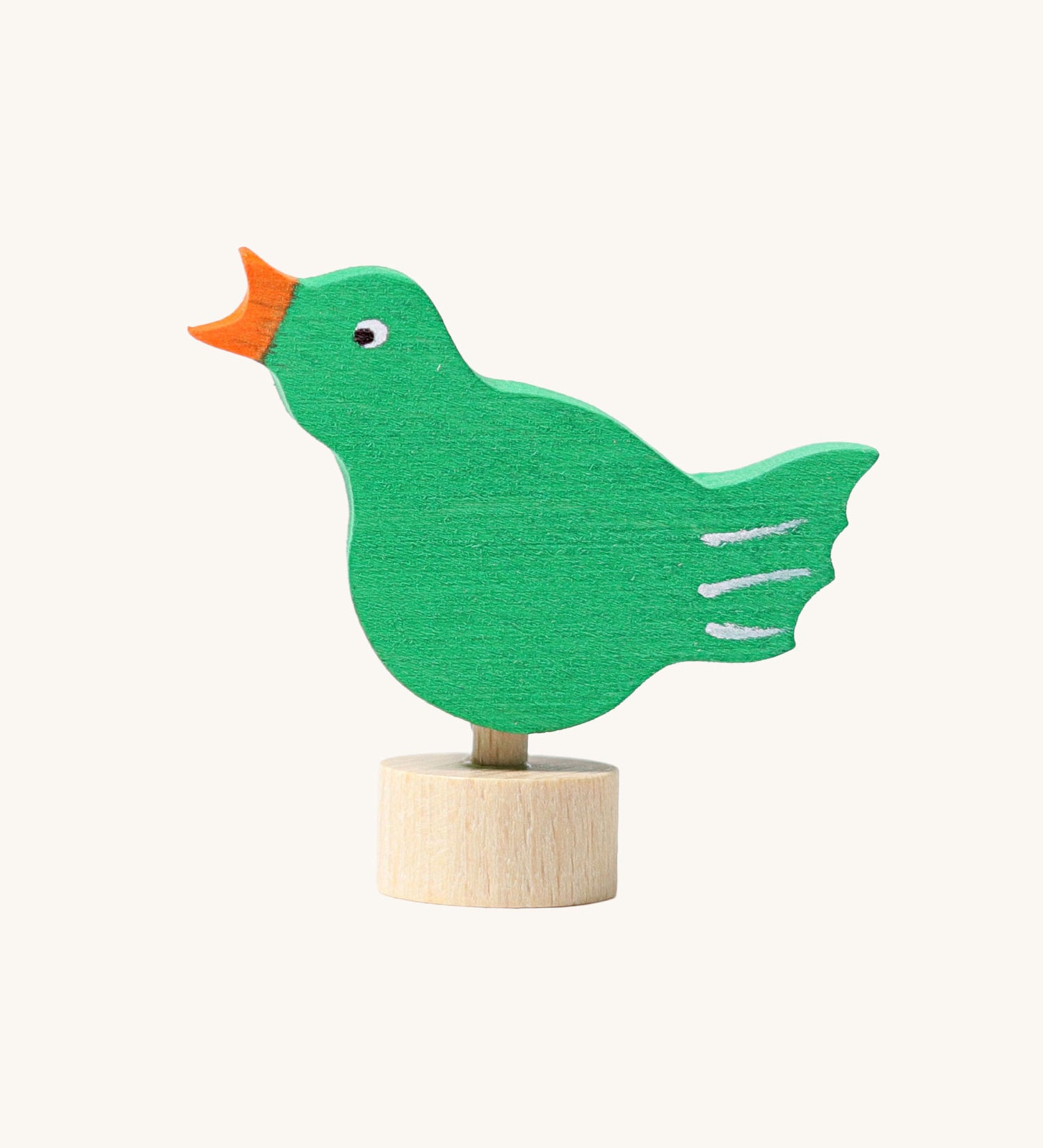 Grimm's green coloured Singing Bird Decorative Figure. These Waldorf inspired decorative figures are part of a wide range of wooden decorations for celebration rings available here at Babipur.