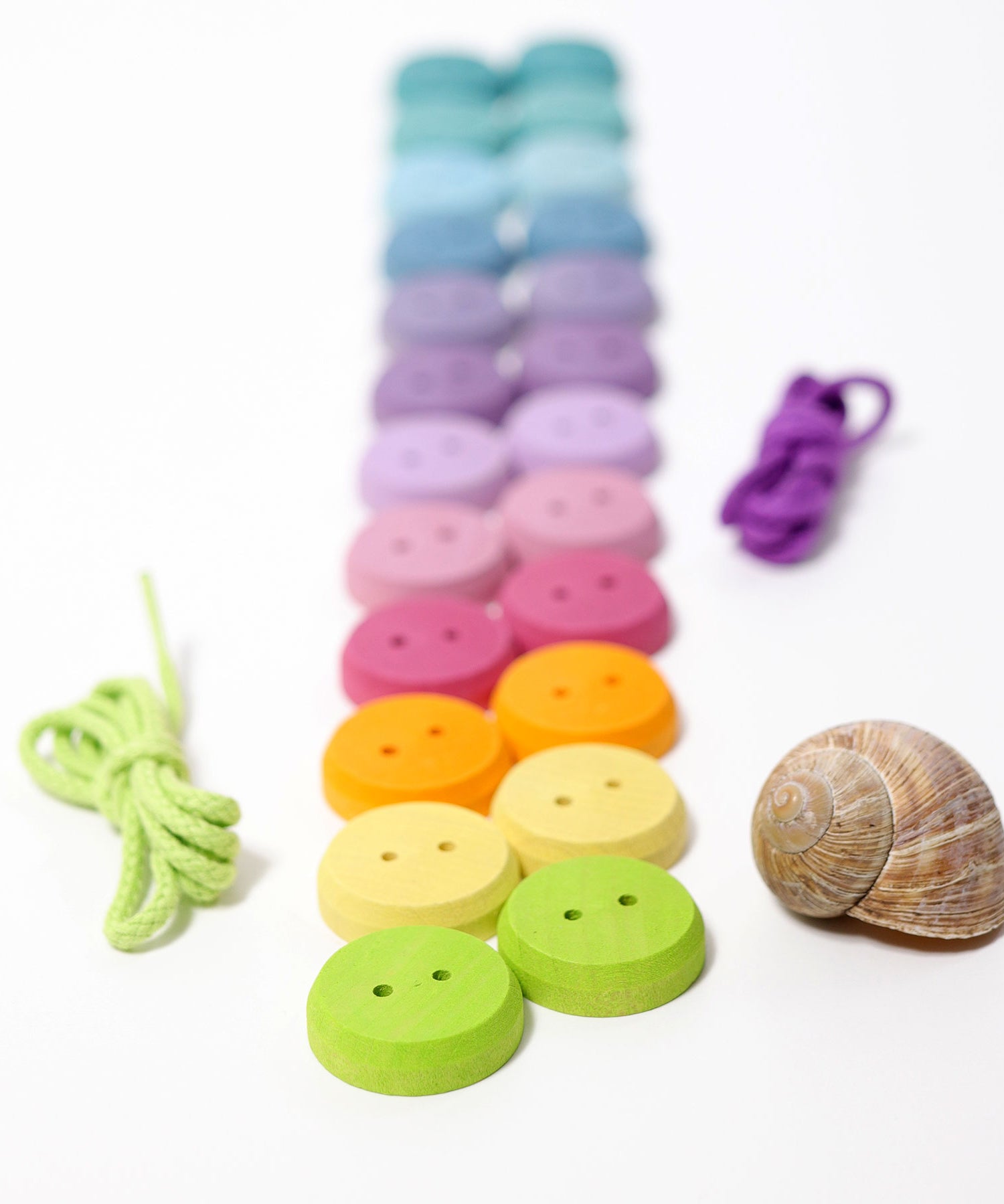 The buttons from the Grimm's buttons threading game lined up on a flat surface with the thread and a snail shell next to them. 