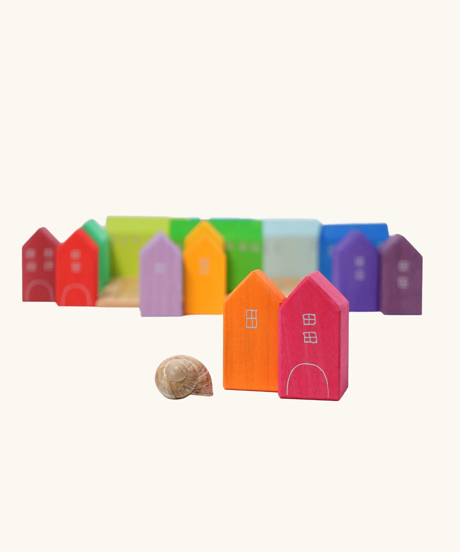 Grimm's small rainbow wooden houses set. 15 different colour houses in various sizes.