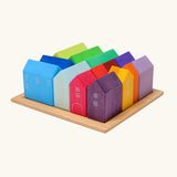 Grimm's small rainbow wooden houses set. 15 different colour houses in various sizes.