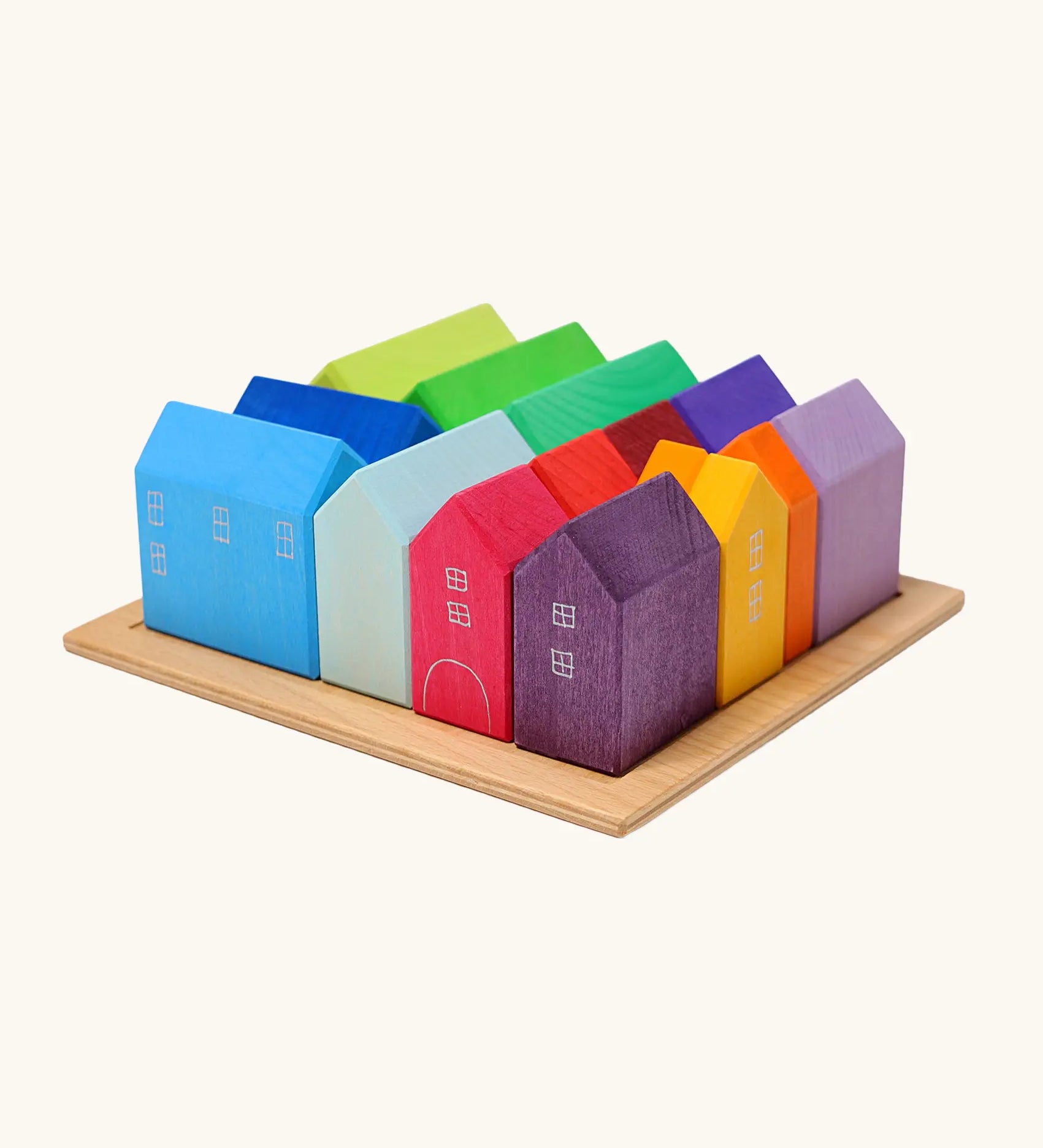 Grimm's small rainbow wooden houses set. 15 different colour houses in various sizes.