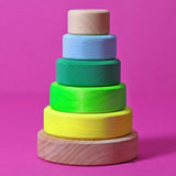 Grimms small handcrafted wooden conical stacking tower in a neon green and natural base, perfect for open ended play