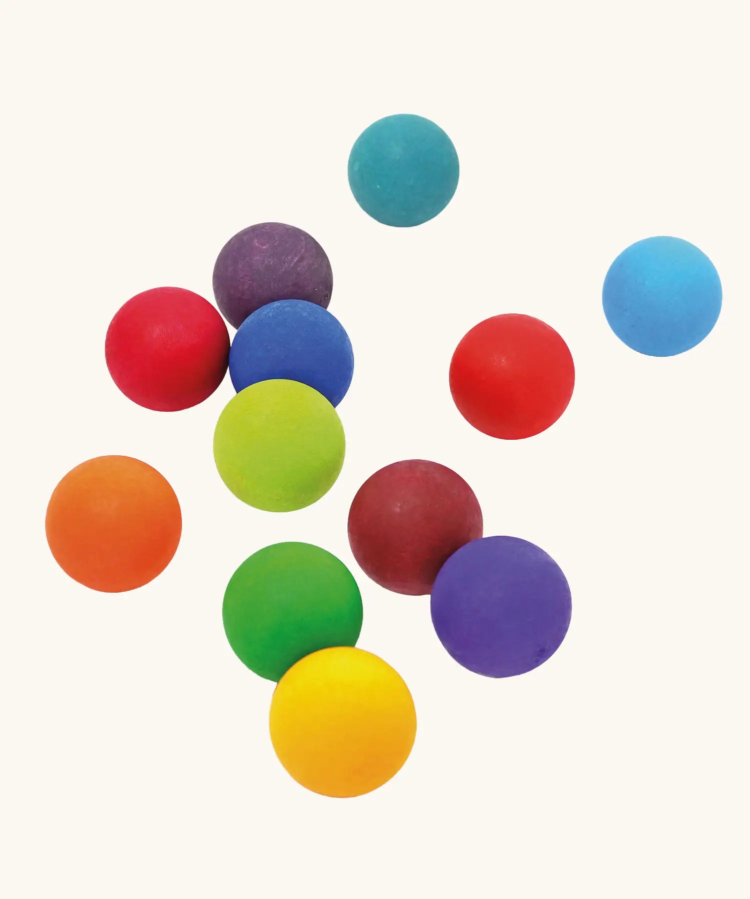Set of 12 small bright rainbow Grimms wooden balls, perfect for sorting, counting and ball run games