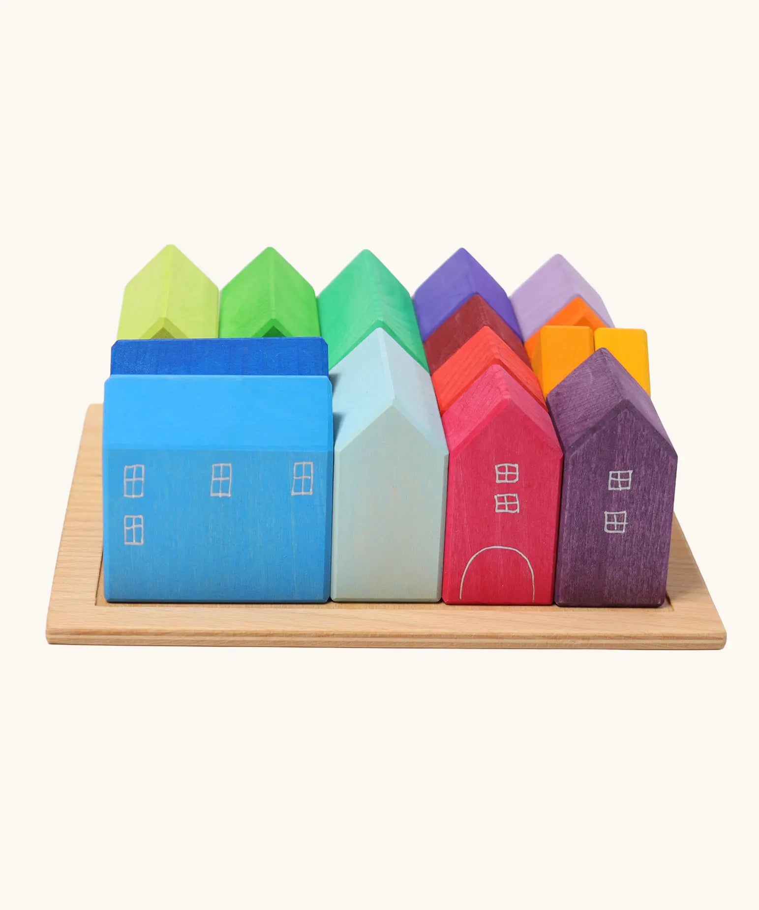 Grimm's small rainbow wooden houses set. 15 different colour houses in various sizes.