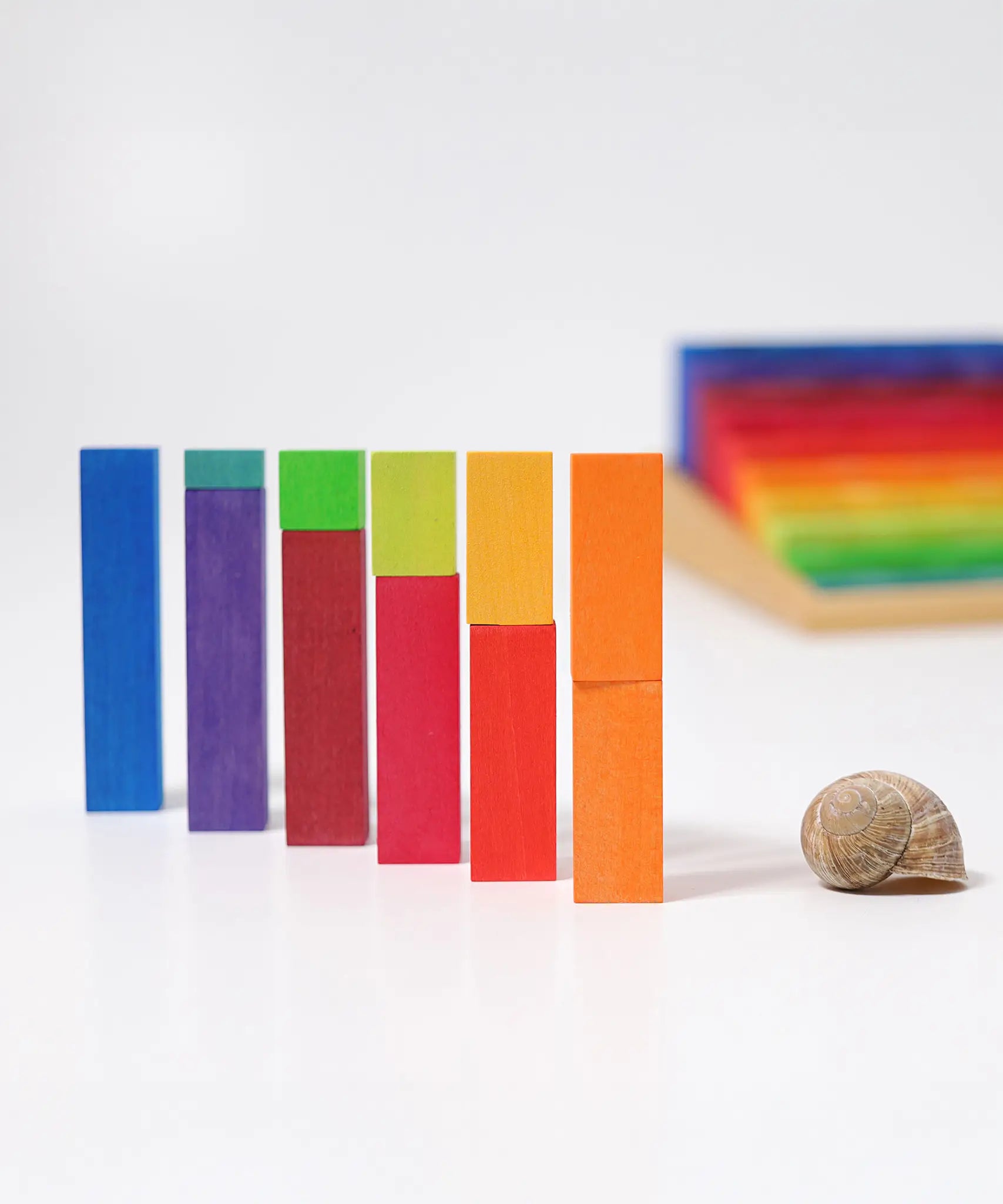 Blocks from the Grimm's small stepped counting blocks stacked up.