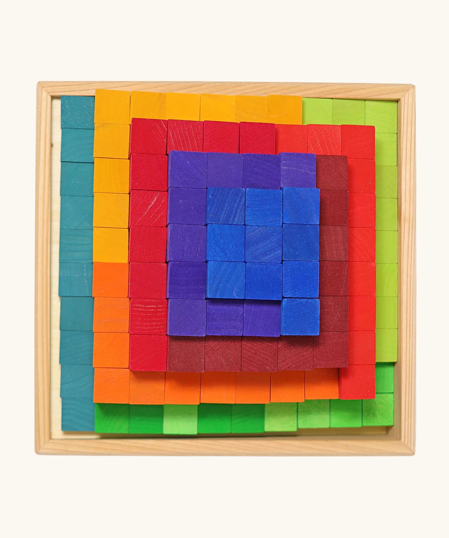 Overhead view of the Grimm's small stepped counting blocks in a tray.