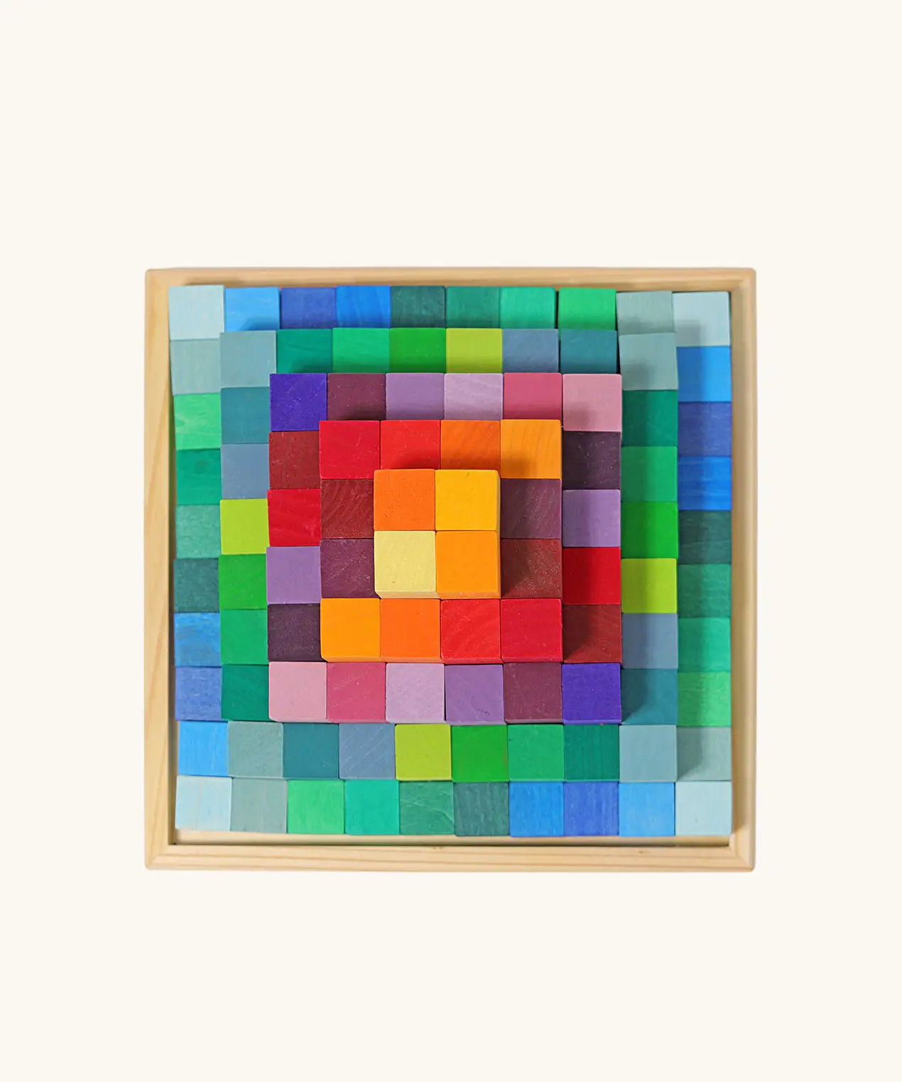 Overhead view of the Grimm's Small Stepped Pyramid in a wooden tray.