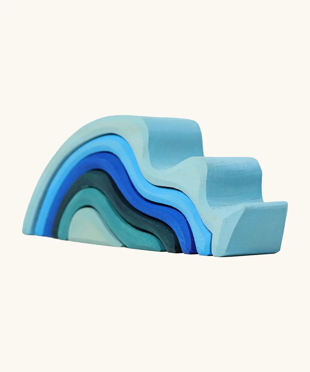 Grimms handcrafted wooden small water wave set in shades of blue. Perfect for stacking and open ended play