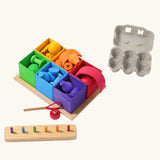 Grimm's small sorting helper wooden boxes 6 piece set with rainbow coloured toys inside.