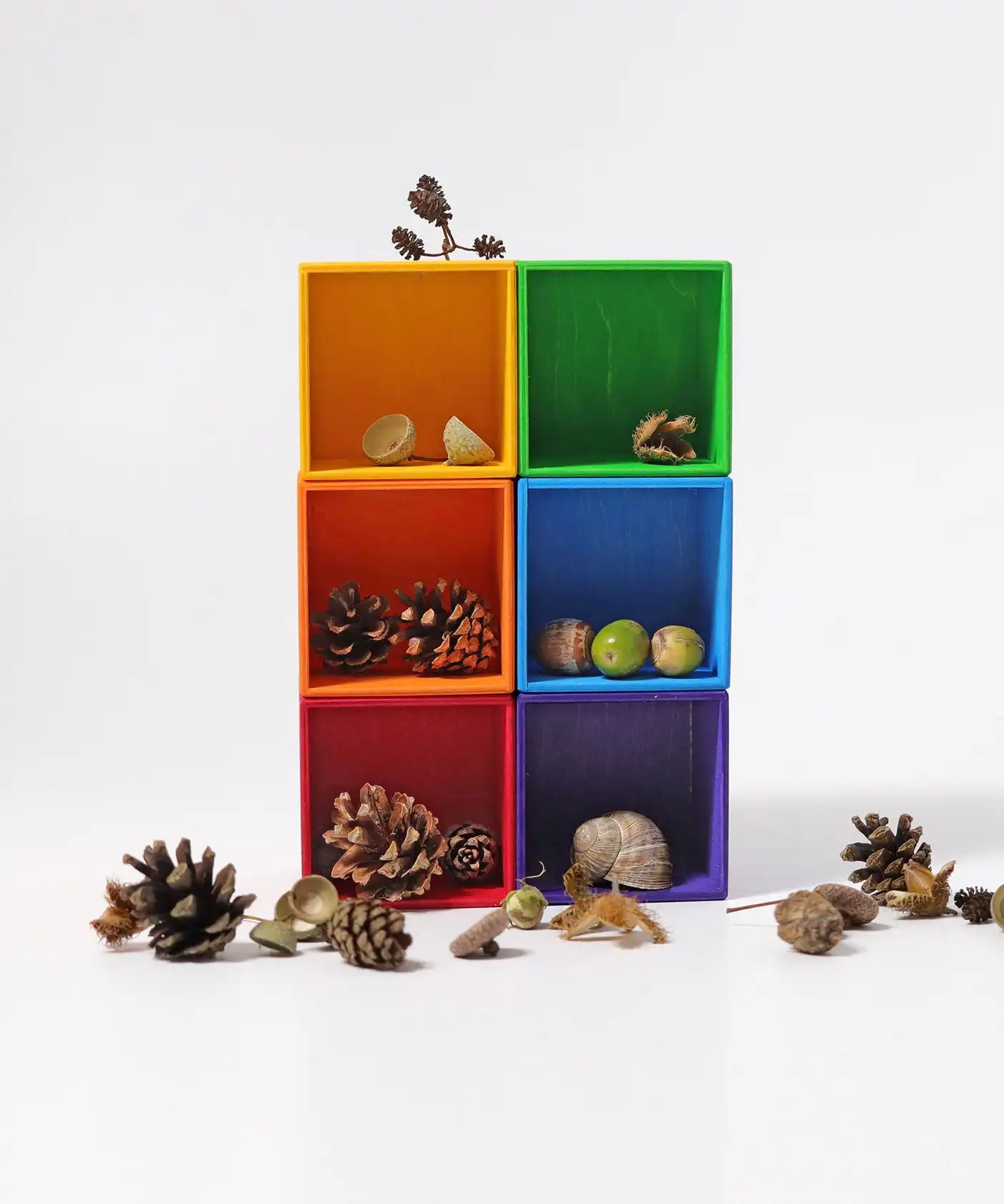 Grimm's small sorting helper wooden boxes 6 piece set with natural pieces such as pine cones. acorns and shells placed inside.