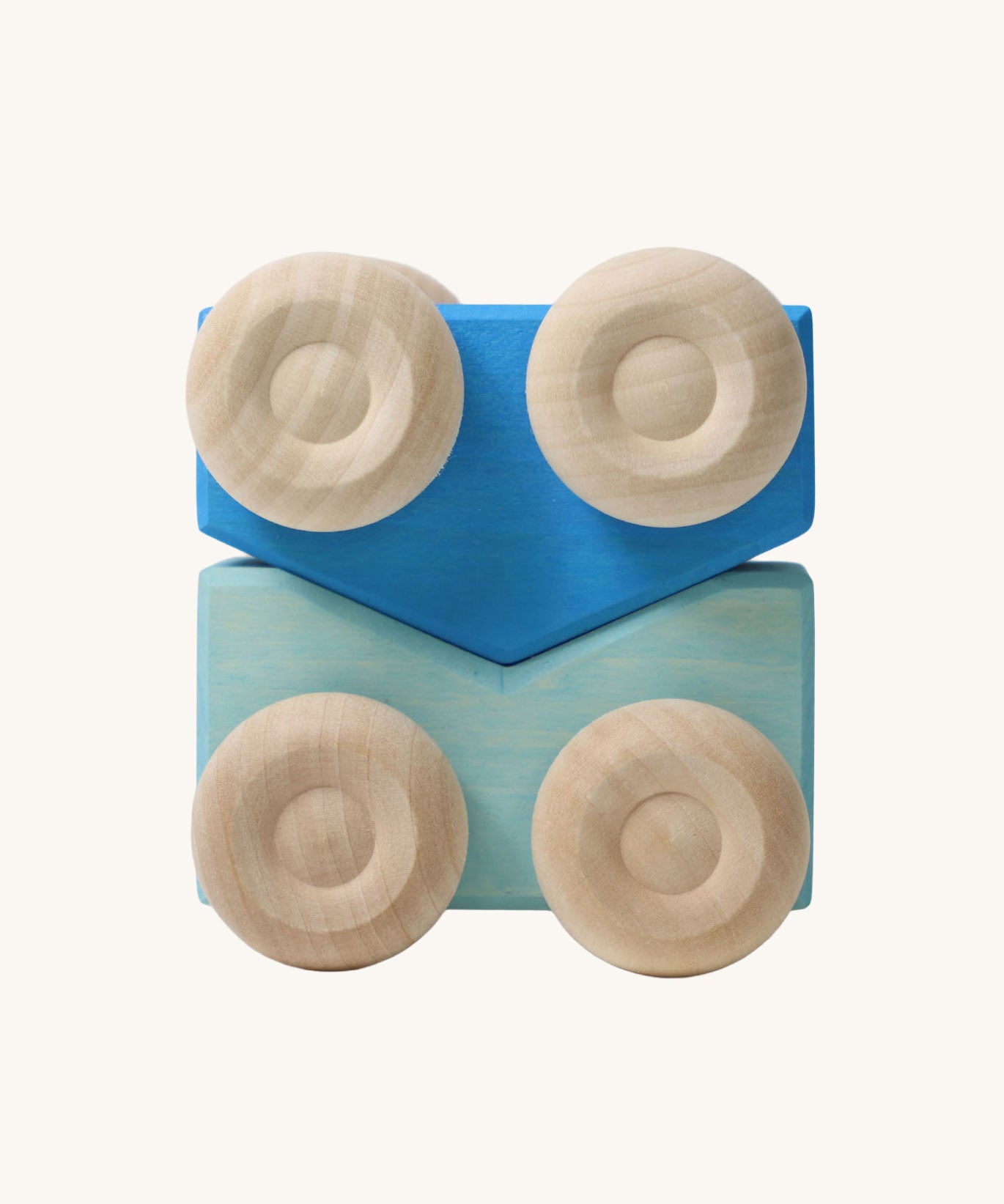 A set of two Grimm's blue wooden toy cars that can be stacked on top of each other. These Grimm's toys are part of a wide range of wooden toys available here at Babipur. 