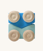 A set of two Grimm's blue wooden toy cars that can be stacked on top of each other. These Grimm's toys are part of a wide range of wooden toys available here at Babipur. 