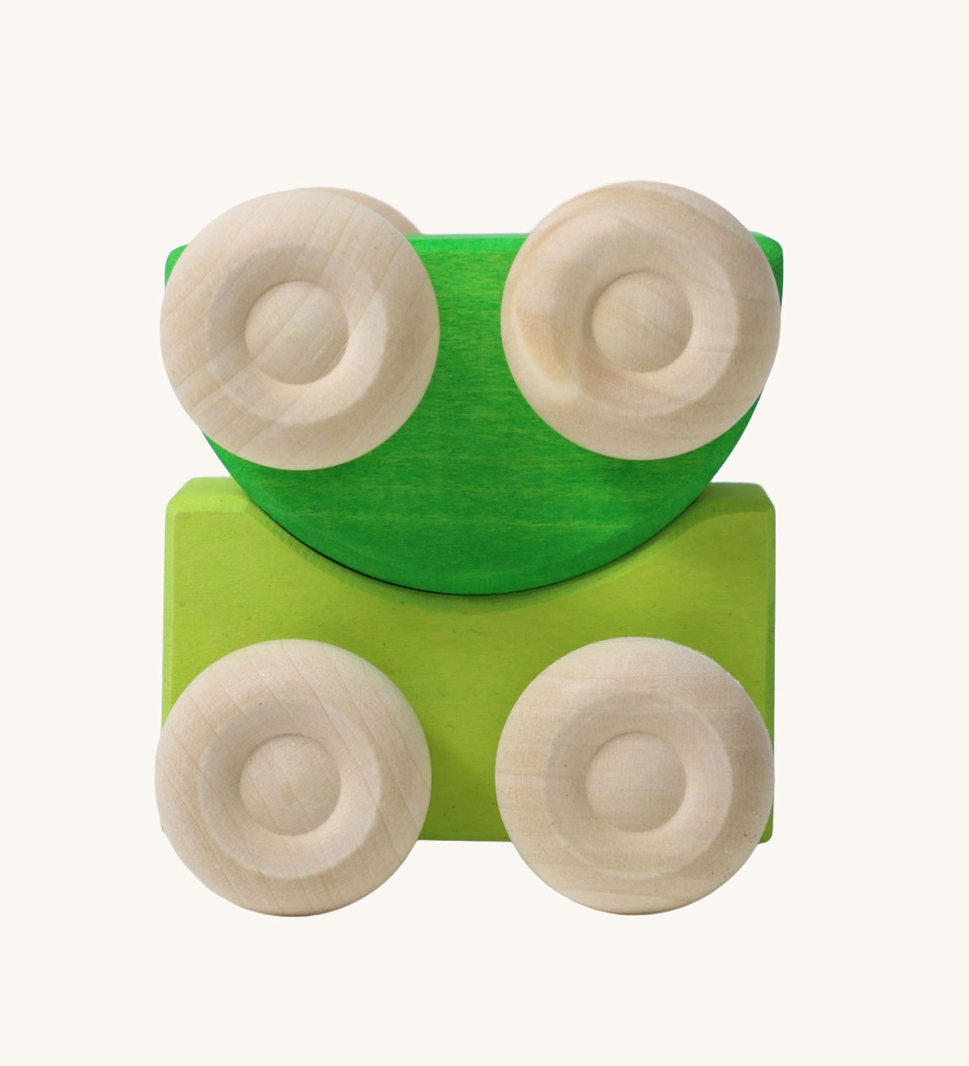 A set of two Grimm's green wooden toy cars that can be stacked on top of each other. These Grimm's toys are part of a wide range of wooden toys available here at Babipur. 