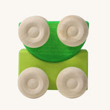 A set of two Grimm's green wooden toy cars that can be stacked on top of each other. These Grimm's toys are part of a wide range of wooden toys available here at Babipur. 