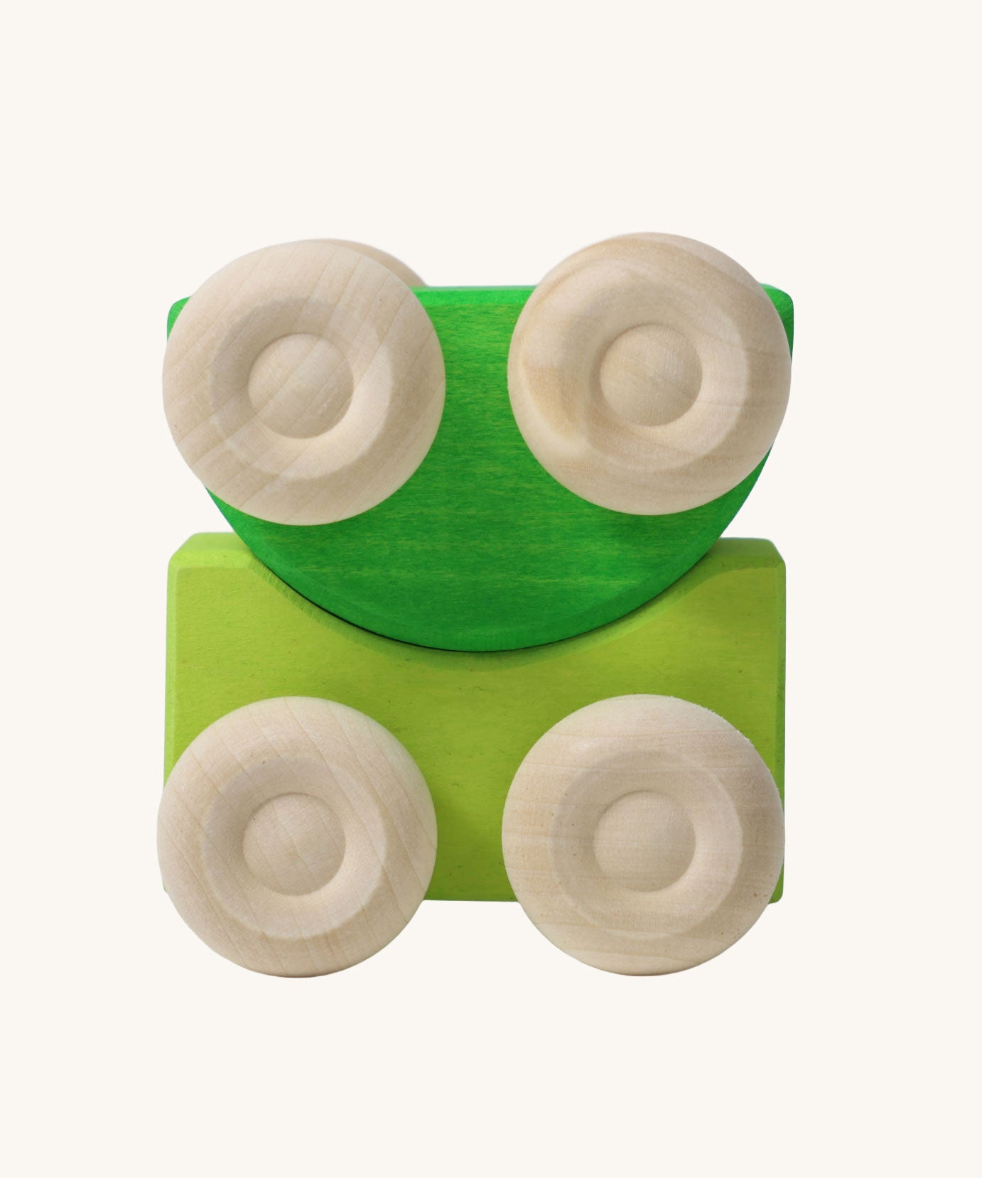 A set of two Grimm's green wooden toy cars that can be stacked on top of each other. These Grimm's toys are part of a wide range of wooden toys available here at Babipur. 
