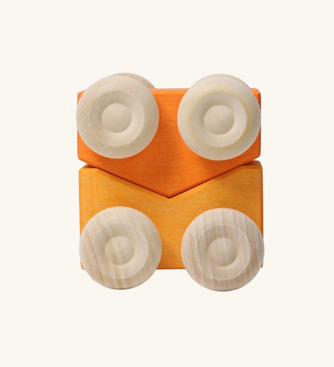 A set of two Grimm's orange wooden toy cars that can be stacked on top of each other. These Grimm's toys are part of a wide range of wooden toys available here at Babipur. 