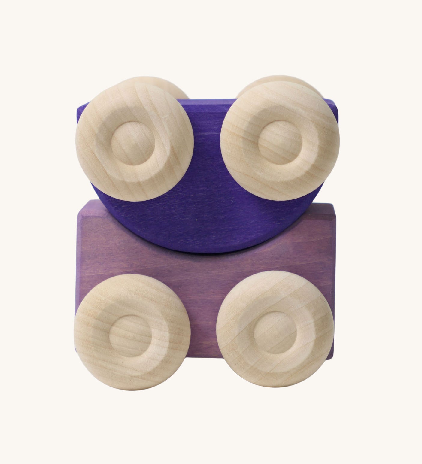 A set of two Grimm's purple wooden toy cars that can be stacked on top of each other. These Grimm's toys are part of a wide range of wooden toys available here at Babipur. 