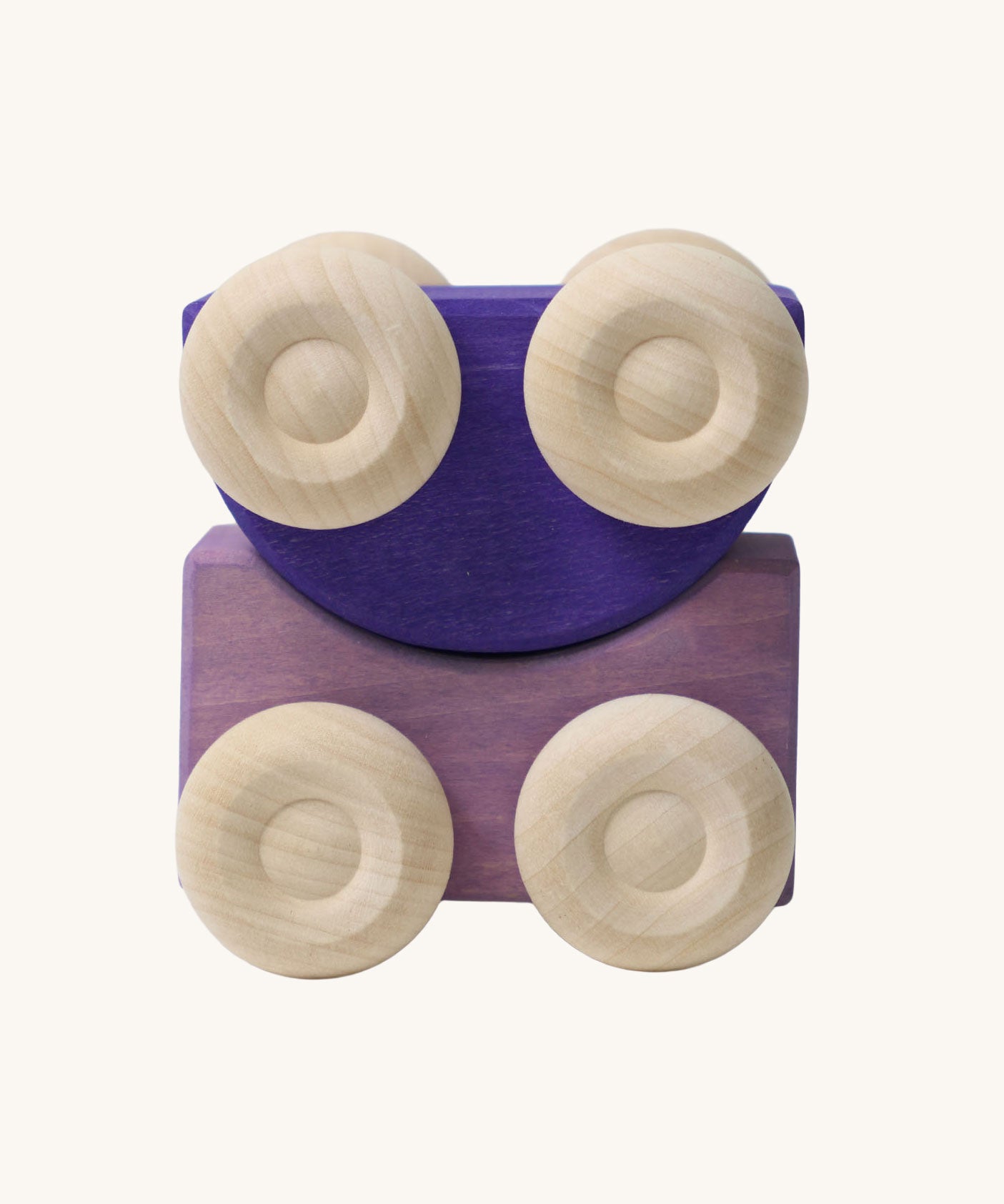 A set of two Grimm's purple wooden toy cars that can be stacked on top of each other. These Grimm's toys are part of a wide range of wooden toys available here at Babipur. 