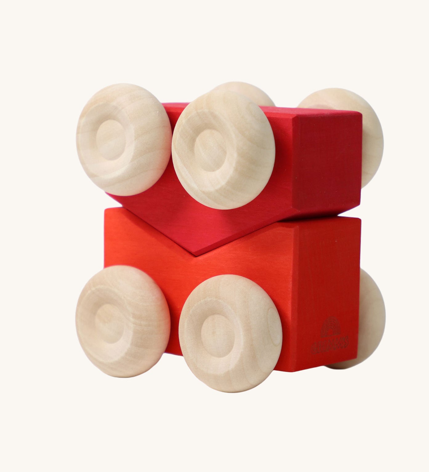 A set of two Grimm's red wooden toy cars that can be stacked on top of each other. These Grimm's toys are part of a wide range of wooden toys available here at Babipur. 