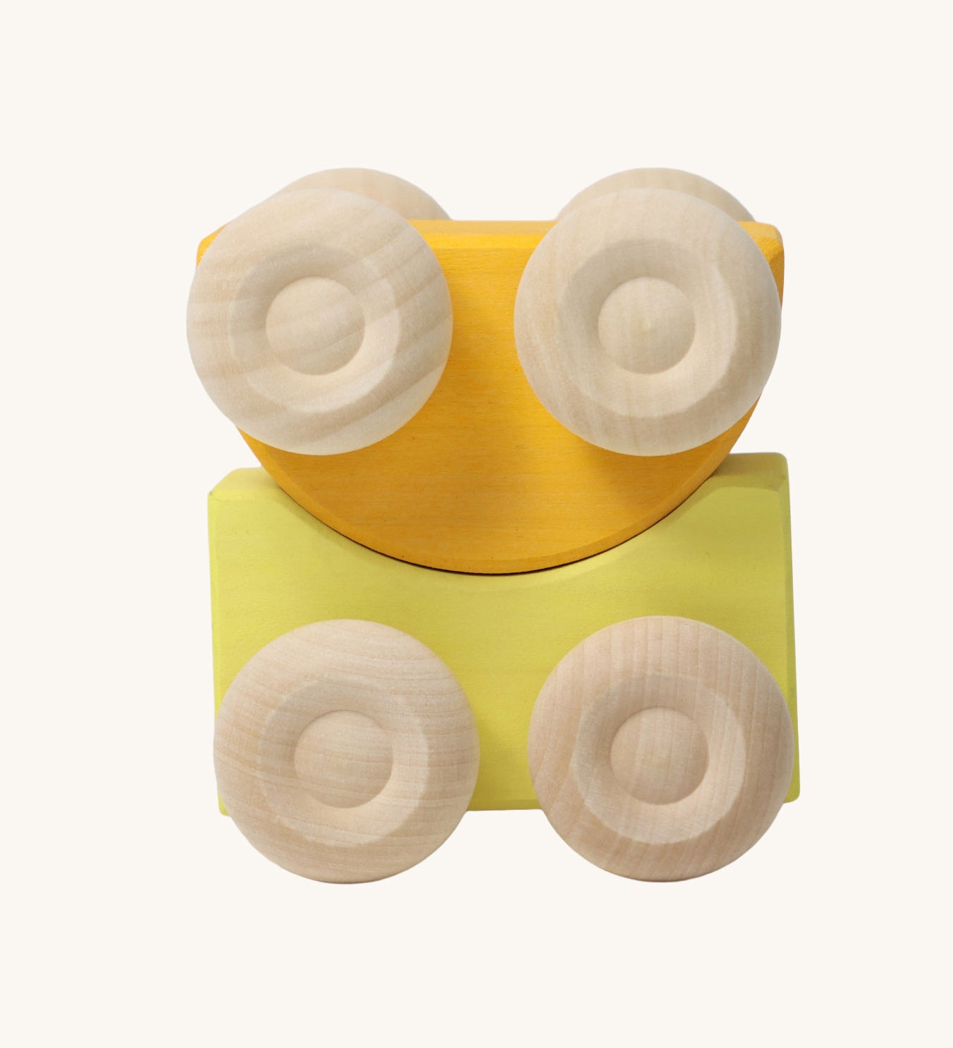 A set of two Grimm's yellow wooden toy cars that can be stacked on top of each other. These Grimm's toys are part of a wide range of wooden toys available here at Babipur. 
